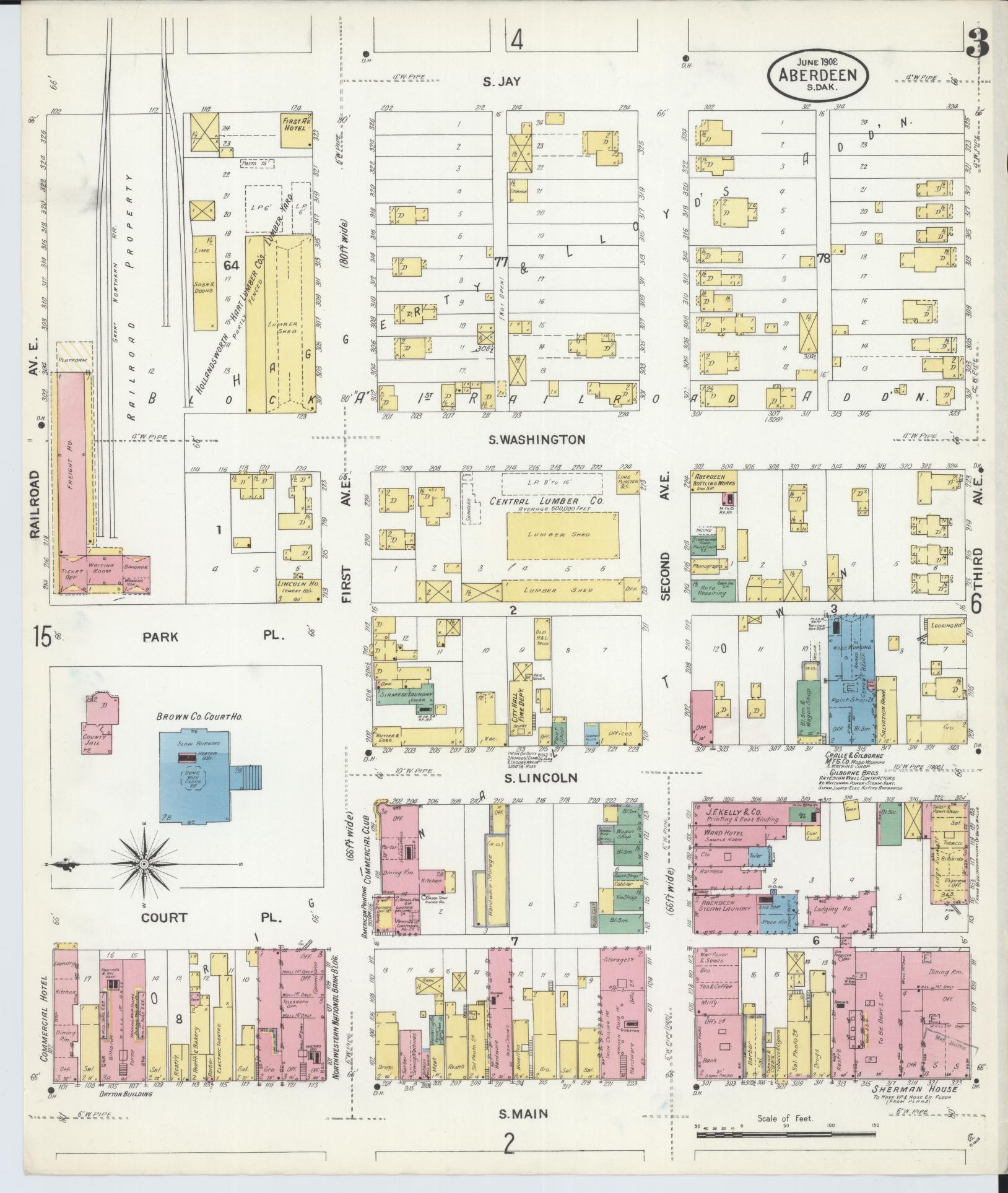 Sanborn Fire Insurance Map from Aberdeen, Brown County, South Dakota (1908), Sheet #0003 - Historic Sanborn Fire Insurance Map Print, vintage old map wall art, antique decor, genealogy gift, South Dakota South Dakota map