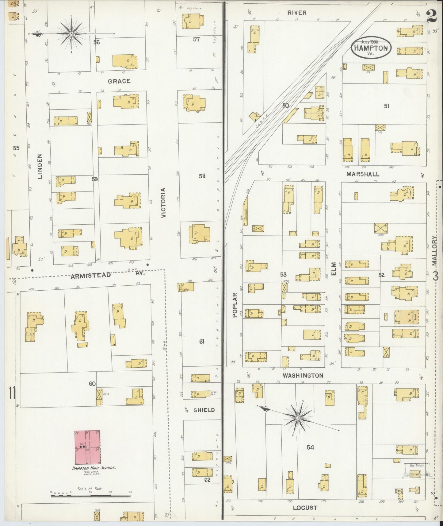 Sanborn Fire Insurance Map from Hampton, Independent Cities, Virginia (1900), Sheet #0002 - Complete Map Set gallery image, historic Sanborn map, vintage wall art, Virginia Virginia