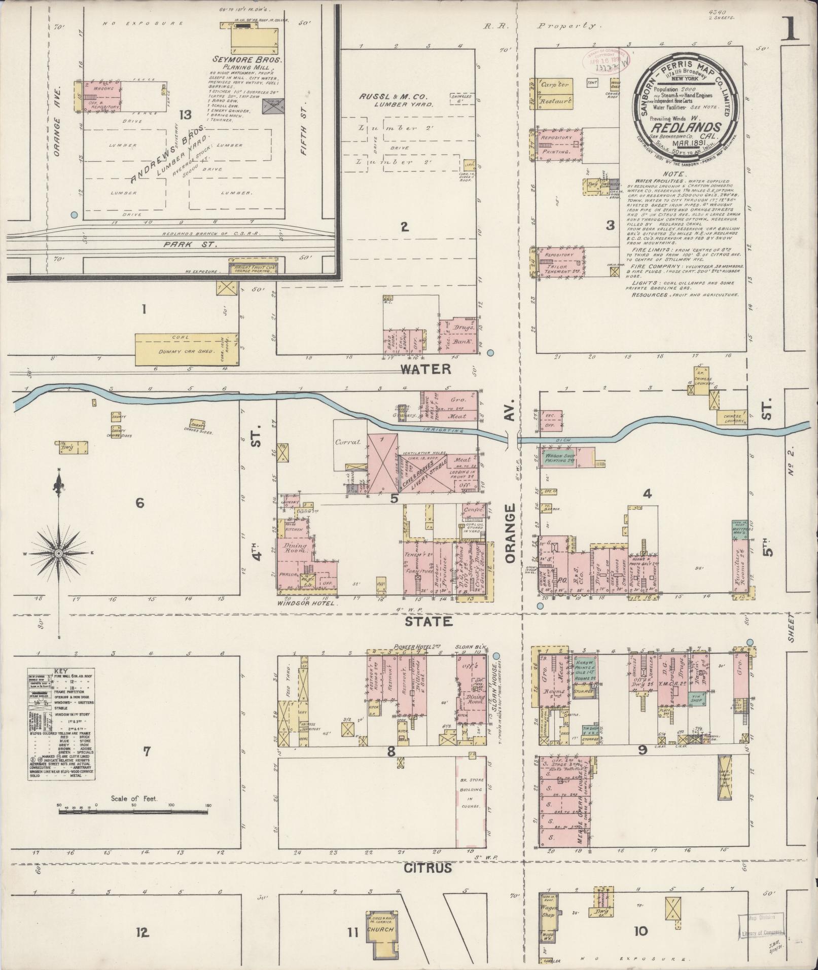 Sanborn Fire Insurance Map from Redlands, San Bernardino County, California (1891), Sheet #0001 - Complete Map Set gallery image, historic Sanborn map, vintage wall art, California California