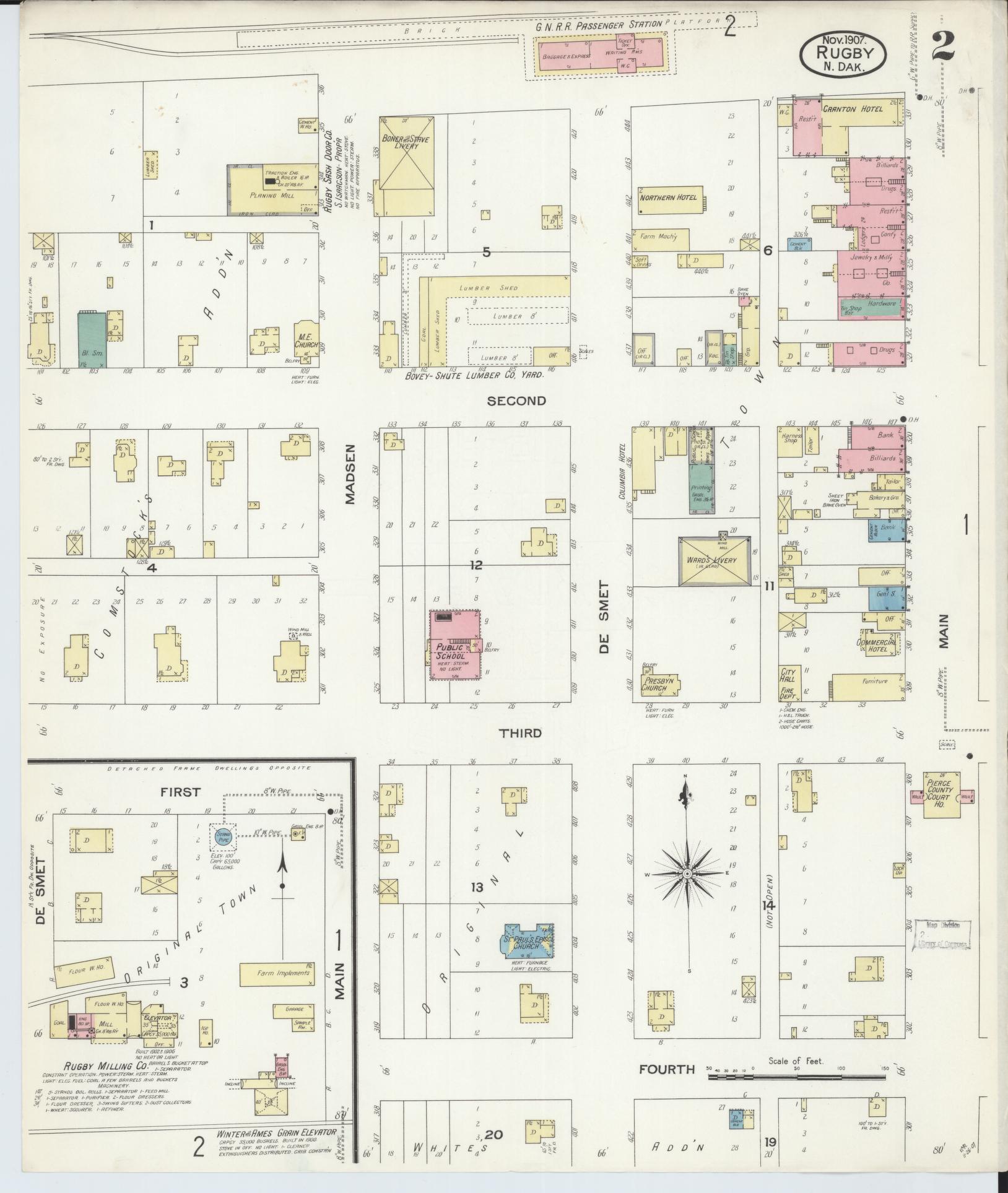Sanborn Fire Insurance Map from Rugby, Pierce County, North Dakota (1907), Sheet #0002 - Historic Sanborn Fire Insurance Map Print, vintage old map wall art, antique decor, genealogy gift, North Dakota North Dakota map