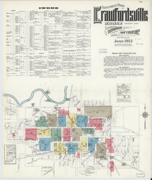 Sanborn Fire Insurance Map from Crawfordsville, Montgomery County, Indiana (1913), Sheet #0001 - Historic Sanborn Fire Insurance Map Print, vintage old map wall art, antique decor, genealogy gift, Indiana Indiana map