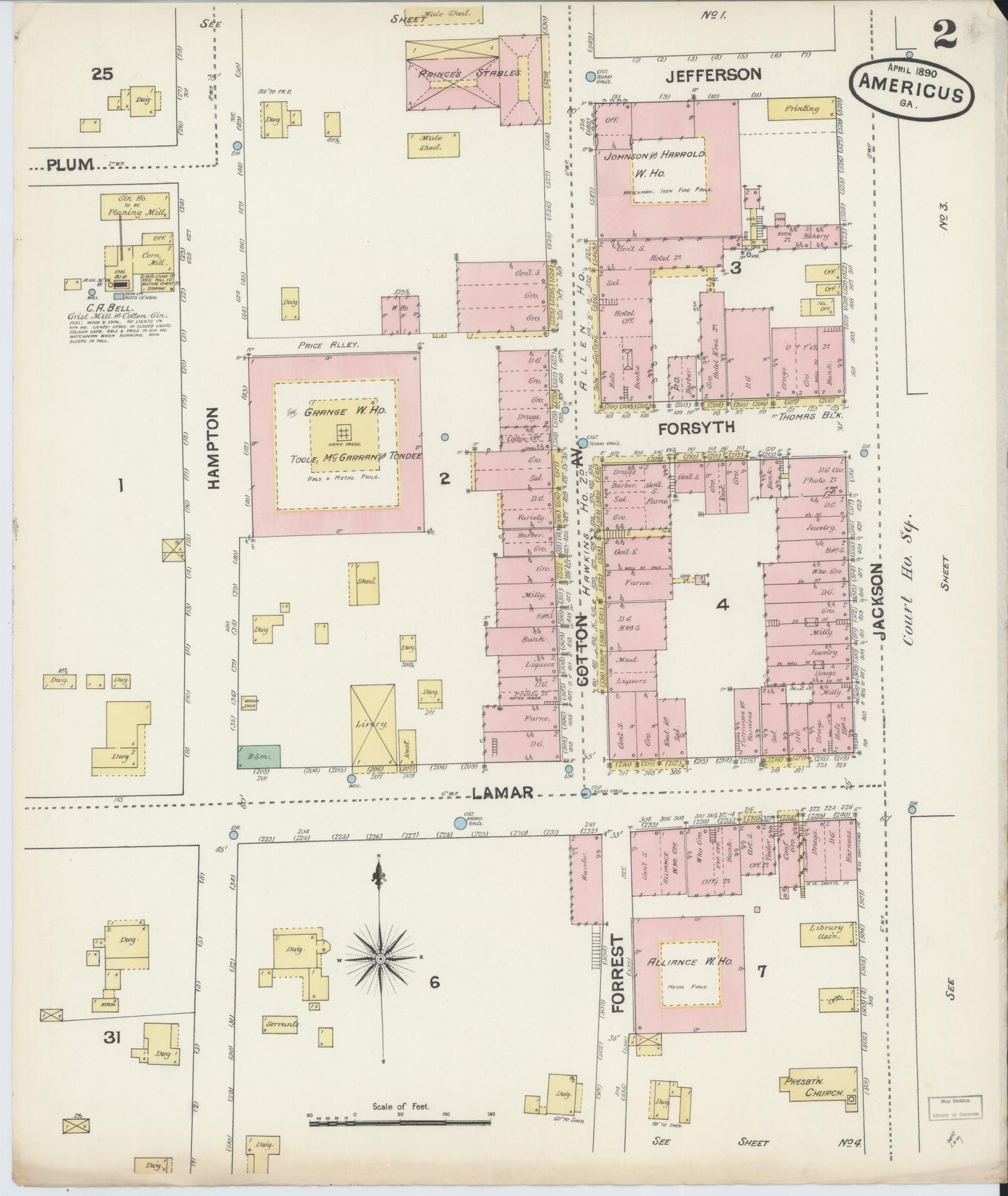 Sanborn Fire Insurance Map from Americus, Sumter County, Georgia (1890), Sheet #0002 - Historic Sanborn Fire Insurance Map Print, vintage old map wall art, antique decor, genealogy gift, Georgia Georgia map