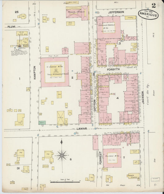 Sanborn Fire Insurance Map from Americus, Sumter County, Georgia (1890), Sheet #0002 - Historic Sanborn Fire Insurance Map Print, vintage old map wall art, antique decor, genealogy gift, Georgia Georgia map