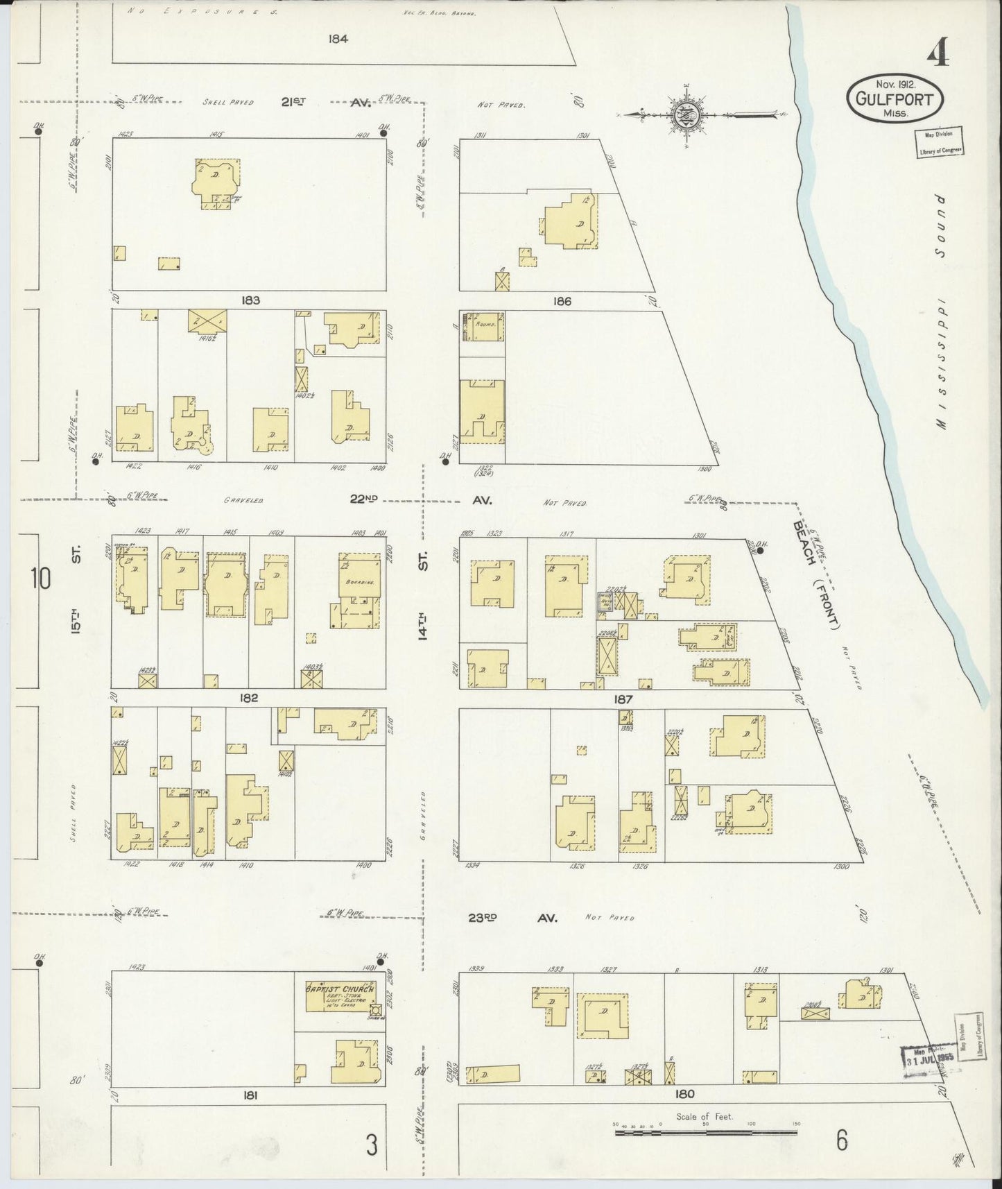 Sanborn Fire Insurance Map from Gulfport, Harrison County, Mississippi (1912), Sheet #0004 - Complete Map Set gallery image, historic Sanborn map, vintage wall art, Mississippi Mississippi