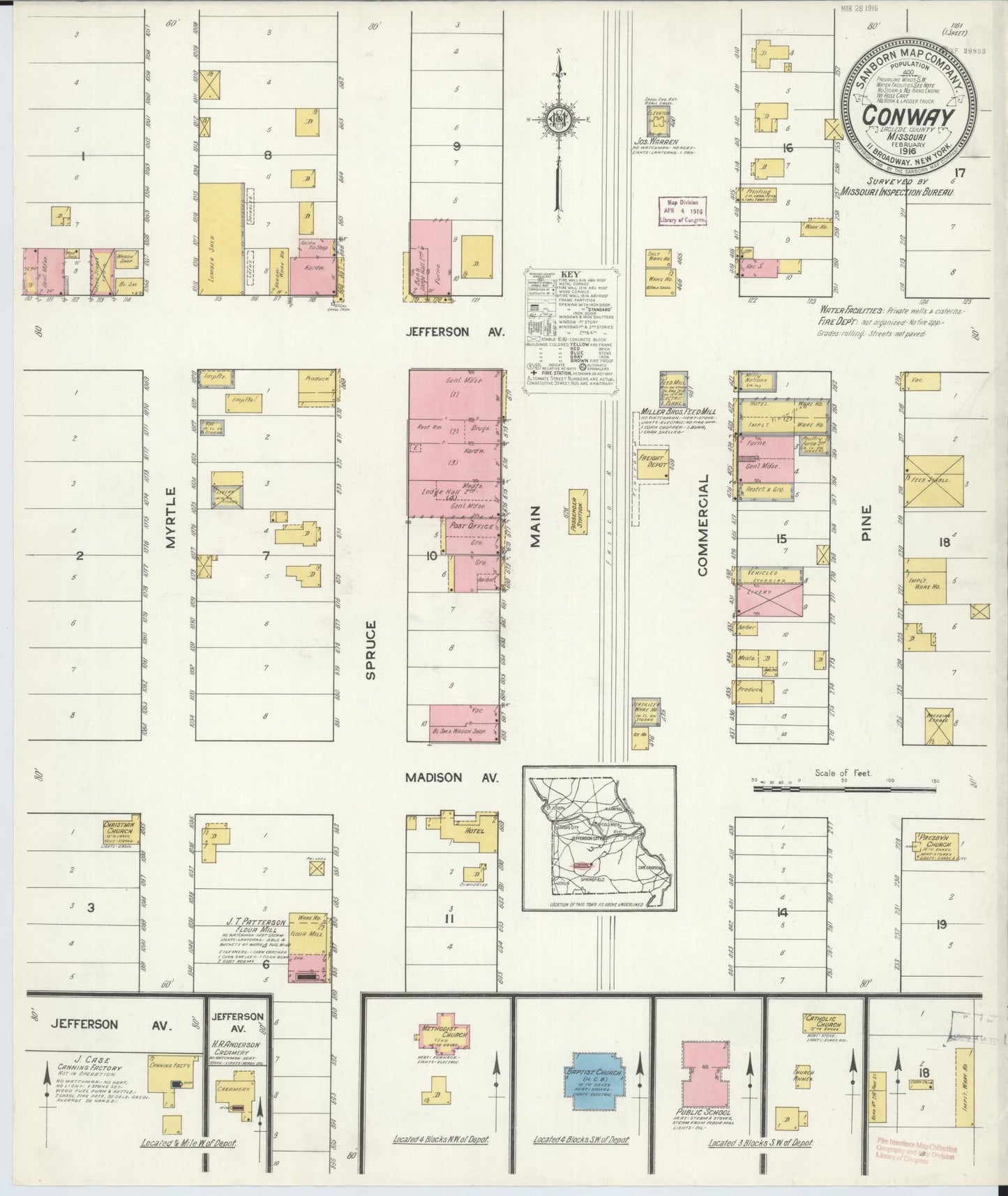 Sanborn Fire Insurance Map from Conway, Laclede County, Missouri (1916), Sheet #0001 - Historic Sanborn Fire Insurance Map Print, vintage old map wall art, antique decor, genealogy gift, Missouri Missouri map
