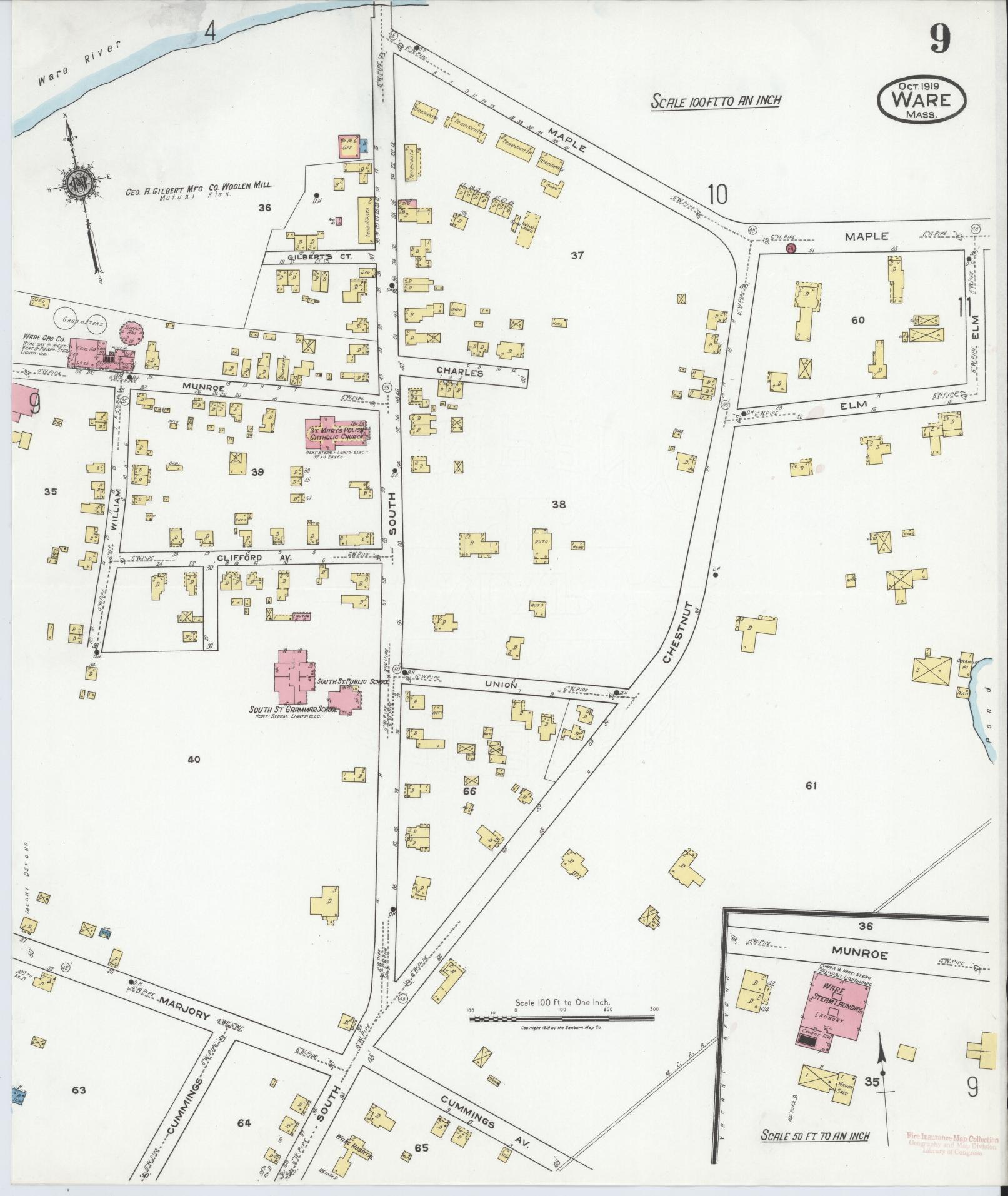 Sanborn Fire Insurance Map from Ware, Hampshire County, Massachusetts (1919), Sheet #0009 - Complete Map Set gallery image, historic Sanborn map, vintage wall art, Massachusetts Massachusetts