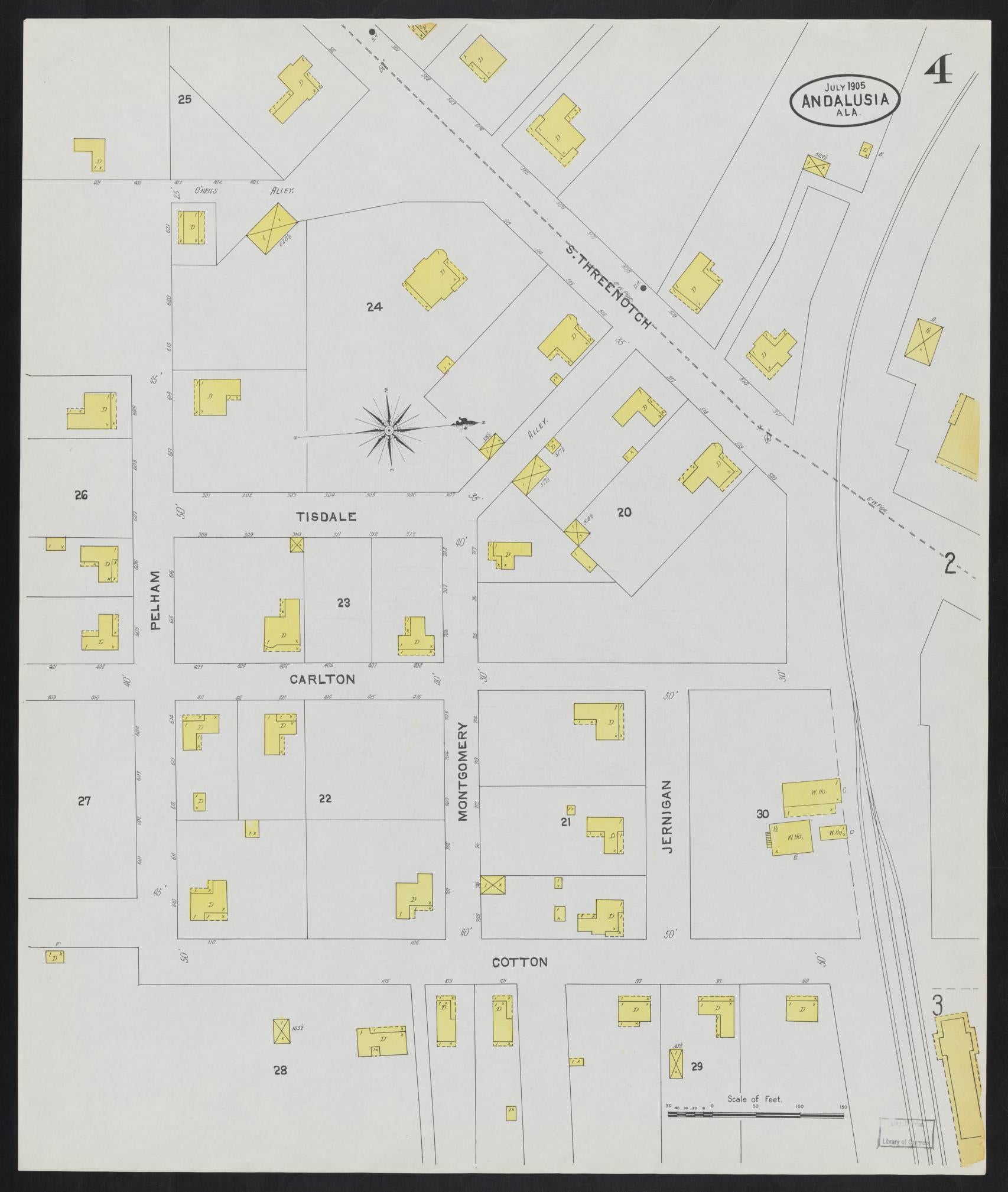 Sanborn Fire Insurance Map from Andalusia, Covington County, Alabama (1905), Sheet #0004 - Historic Sanborn Fire Insurance Map Print, vintage old map wall art, antique decor, genealogy gift, Alabama Alabama map