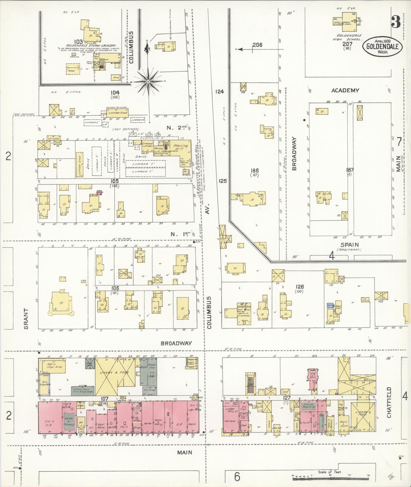 Sanborn Fire Insurance Map from Goldendale, Klickitat County, Washington (1909), Sheet #0003 - Complete Map Set gallery image, historic Sanborn map, vintage wall art, Washington Washington