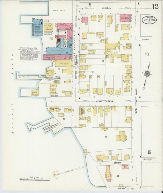 Sanborn Fire Insurance Map from Bristol, Bristol County, Rhode Island (1911), Sheet #0012 - Historic Sanborn Fire Insurance Map Print, vintage old map wall art, antique decor, genealogy gift, Rhode Island Rhode Island map