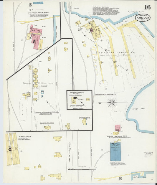 Sanborn Fire Insurance Map from Hancock, Houghton County, Michigan (1907), Sheet #0016 - Historic Sanborn Fire Insurance Map Print, vintage old map wall art, antique decor, genealogy gift, Michigan Michigan map
