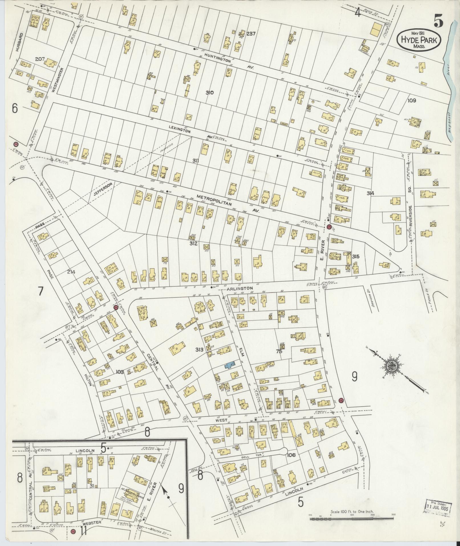 Sanborn Fire Insurance Map from Hyde Park, Norfolk County, Massachusetts (1911), Sheet #0005 - Historic Sanborn Fire Insurance Map Print, vintage old map wall art, antique decor, genealogy gift, Massachusetts Massachusetts map