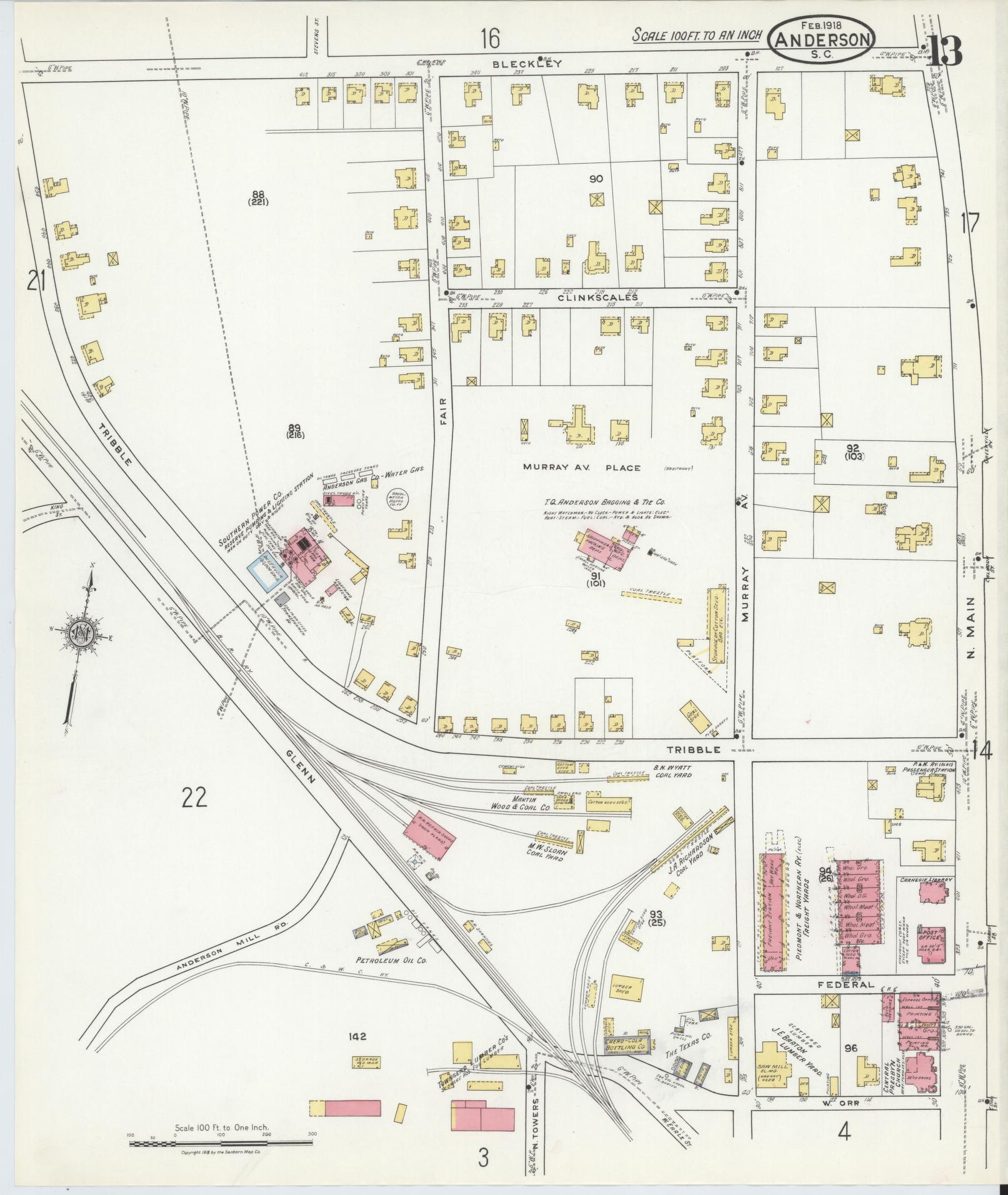 Sanborn Fire Insurance Map from Anderson, Anderson County, South Carolina (1918), Sheet #0013 - Historic Sanborn Fire Insurance Map Print, vintage old map wall art, antique decor, genealogy gift, South Carolina South Carolina map