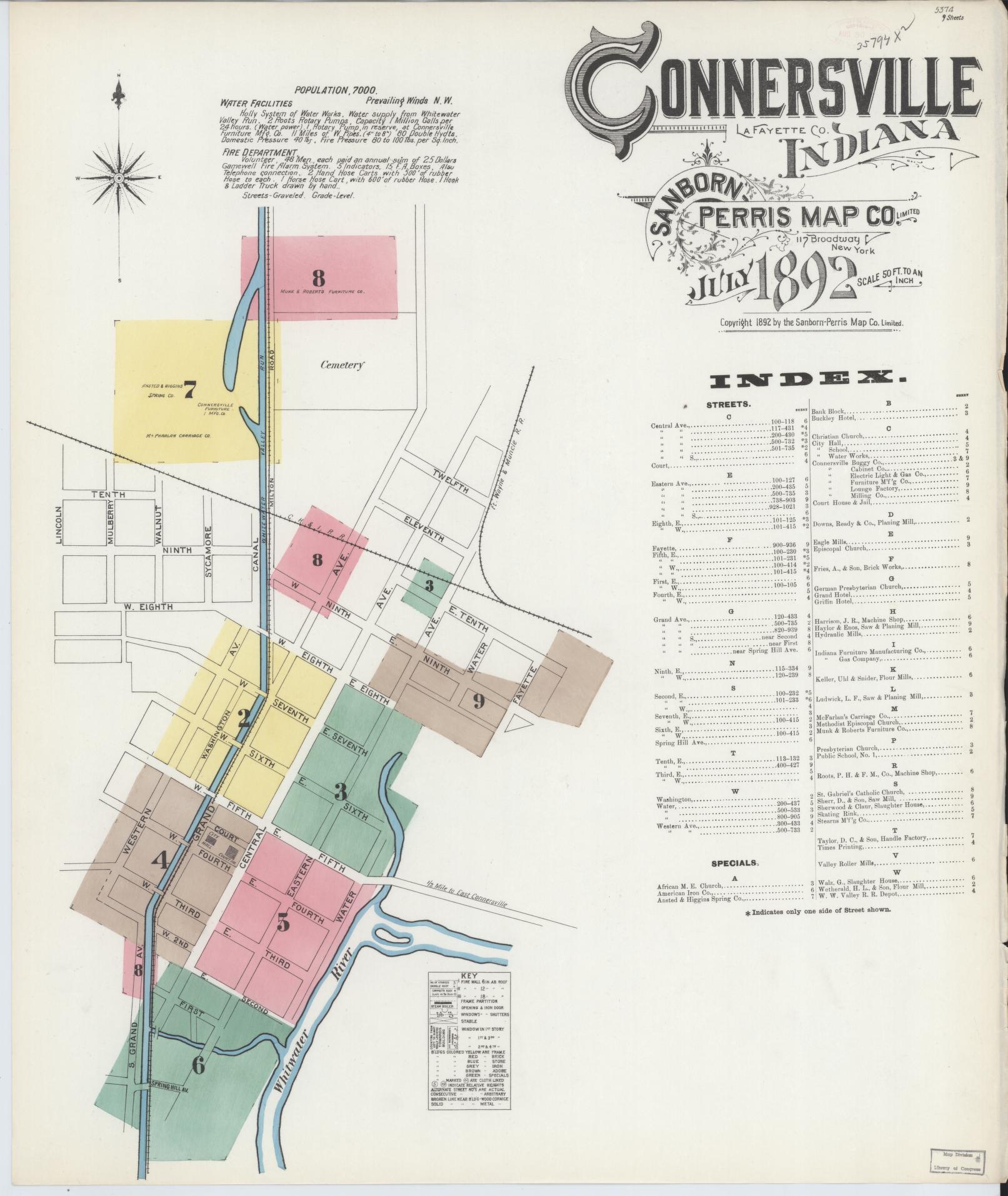 Sanborn Fire Insurance Map from Connersville, Fayette County, Indiana (1892), Sheet #0001 - Complete Map Set gallery image, historic Sanborn map, vintage wall art, Indiana Indiana