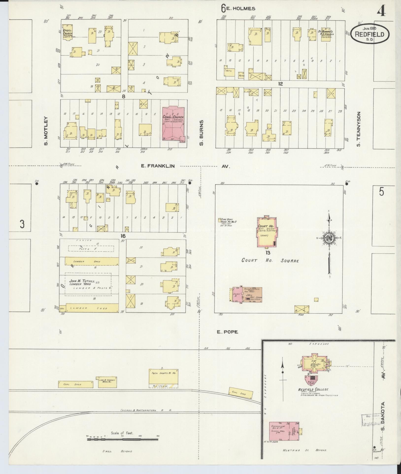 Sanborn Fire Insurance Map from Redfield, Spink County, South Dakota (1910), Sheet #0004 - Historic Sanborn Fire Insurance Map Print, vintage old map wall art, antique decor, genealogy gift, South Dakota South Dakota map