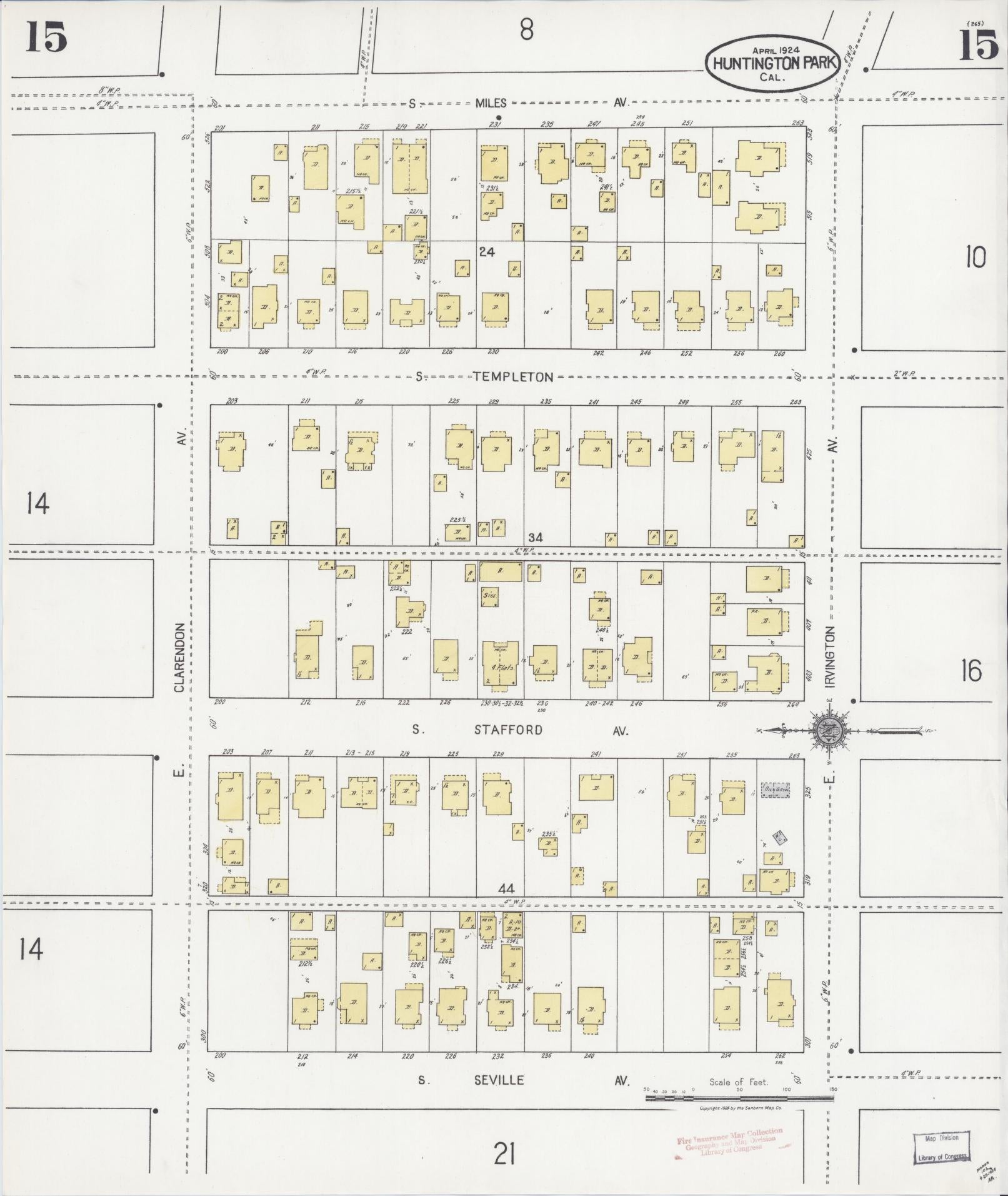 Sanborn Fire Insurance Map from Huntington Park, Los Angeles County, California (1924), Sheet #0015 - Historic Sanborn Fire Insurance Map Print, vintage old map wall art, antique decor, genealogy gift, California California map