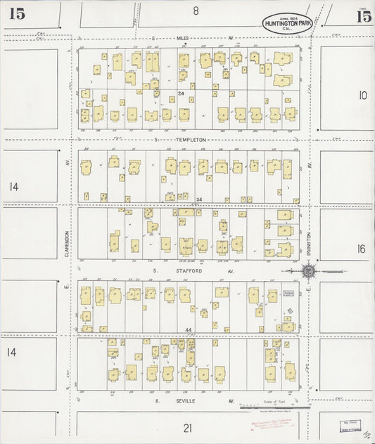 Sanborn Fire Insurance Map from Huntington Park, Los Angeles County, California (1924), Sheet #0015 - Historic Sanborn Fire Insurance Map Print, vintage old map wall art, antique decor, genealogy gift, California California map