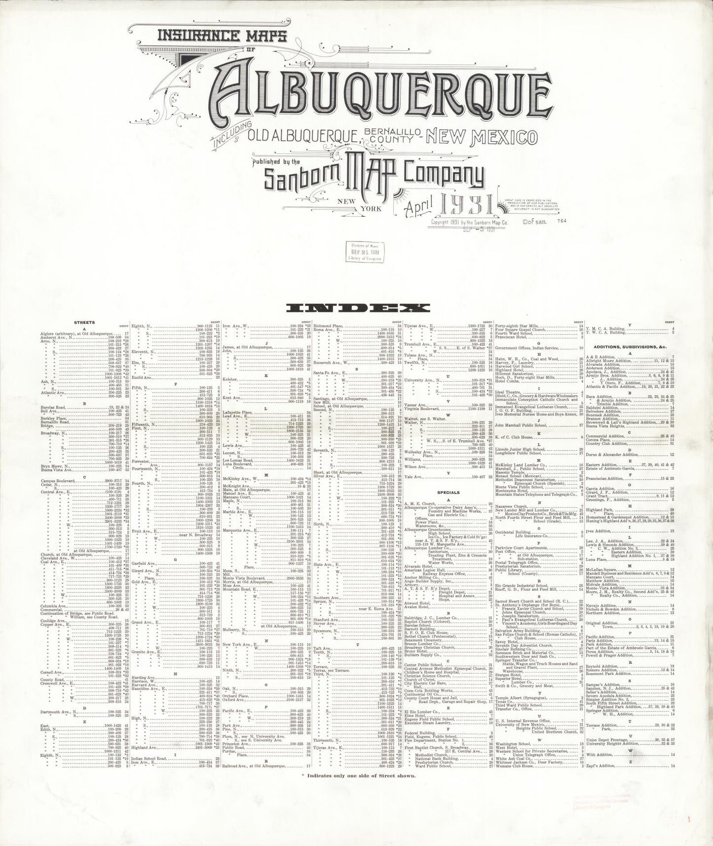 Sanborn Fire Insurance Map from Albuquerque, Bernalillo County, New Mexico (1931), Sheet #0001 - Historic Sanborn Fire Insurance Map Print, vintage old map wall art, antique decor, genealogy gift, New Mexico New Mexico map