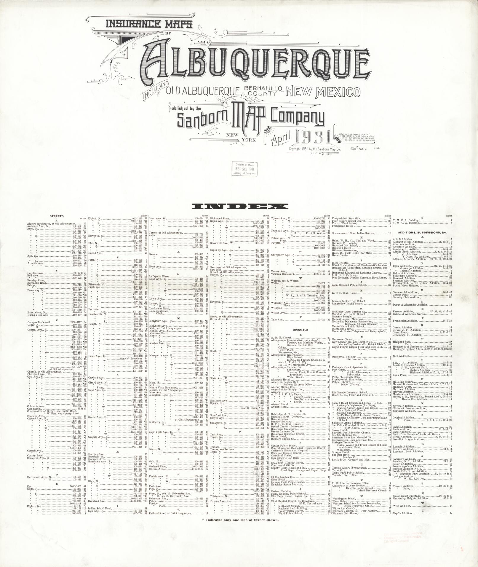 Sanborn Fire Insurance Map from Albuquerque, Bernalillo County, New Mexico (1931), Sheet #0001 - Historic Sanborn Fire Insurance Map Print, vintage old map wall art, antique decor, genealogy gift, New Mexico New Mexico map