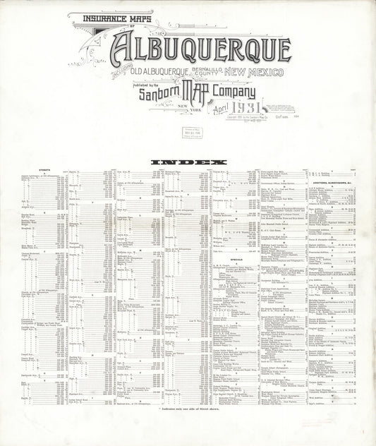 Sanborn Fire Insurance Map from Albuquerque, Bernalillo County, New Mexico (1931), Sheet #0001 - Historic Sanborn Fire Insurance Map Print, vintage old map wall art, antique decor, genealogy gift, New Mexico New Mexico map