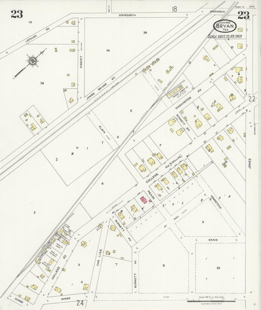 Sanborn Fire Insurance Map from Bryan, Brazos County, Texas (1925), Sheet #0023 - Historic Sanborn Fire Insurance Map Print, vintage old map wall art, antique decor, genealogy gift, Texas Texas map