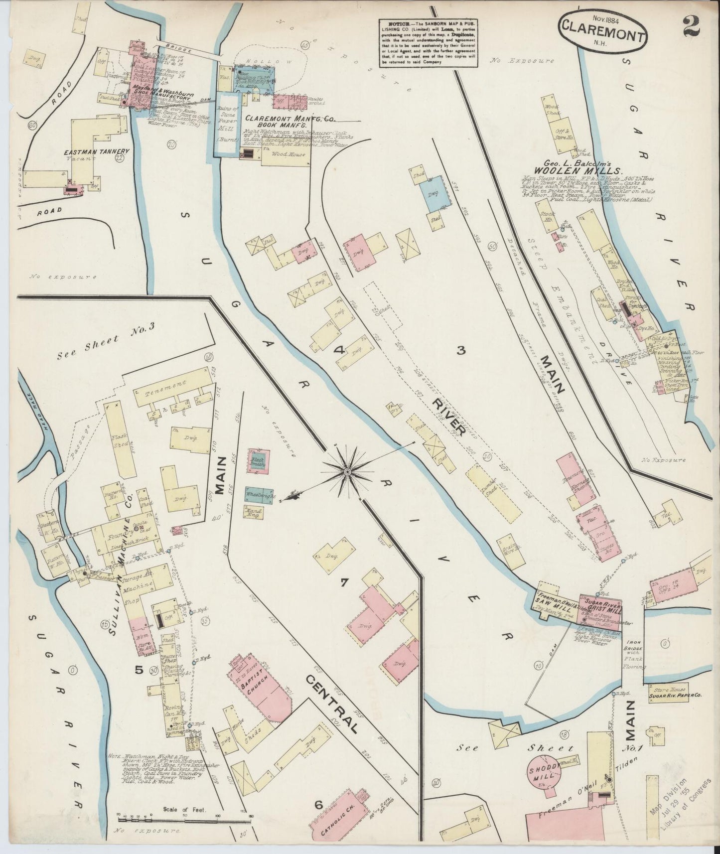 Sanborn Fire Insurance Map from Claremont, Sullivan County, New Hampshire (1884), Sheet #0002 - Complete Map Set gallery image, historic Sanborn map, vintage wall art, New Hampshire New Hampshire