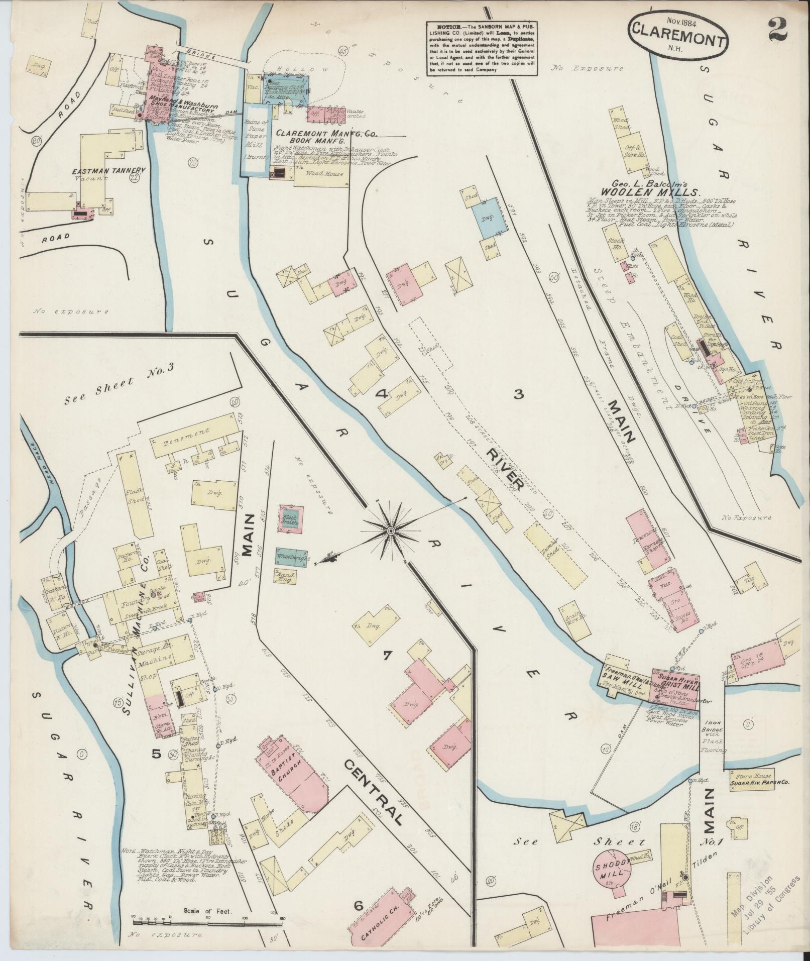 Sanborn Fire Insurance Map from Claremont, Sullivan County, New Hampshire (1884), Sheet #0002 - Complete Map Set gallery image, historic Sanborn map, vintage wall art, New Hampshire New Hampshire