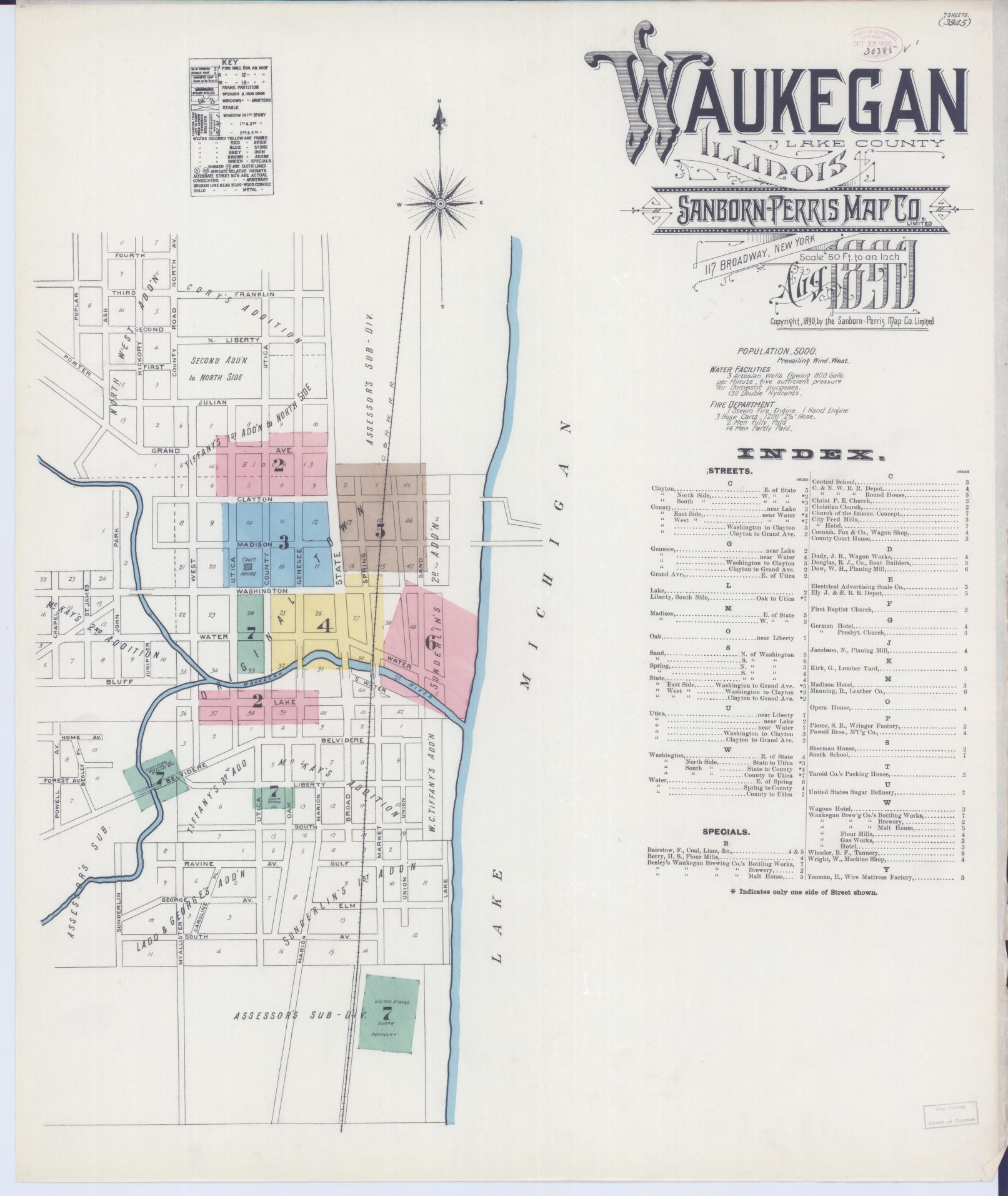 Sanborn Fire Insurance Map from Waukegan, Lake County, Illinois (1890), Sheet #0001 - Historic Sanborn Fire Insurance Map Print, vintage old map wall art, antique decor, genealogy gift, Illinois Illinois map