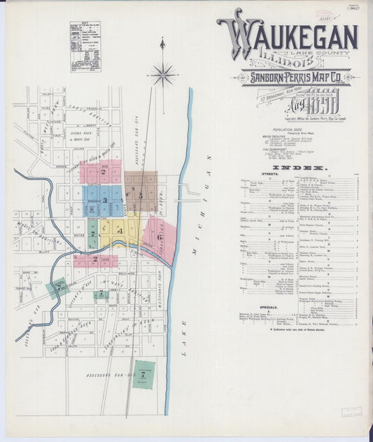 Sanborn Fire Insurance Map from Waukegan, Lake County, Illinois (1890), Sheet #0001 - Historic Sanborn Fire Insurance Map Print, vintage old map wall art, antique decor, genealogy gift, Illinois Illinois map