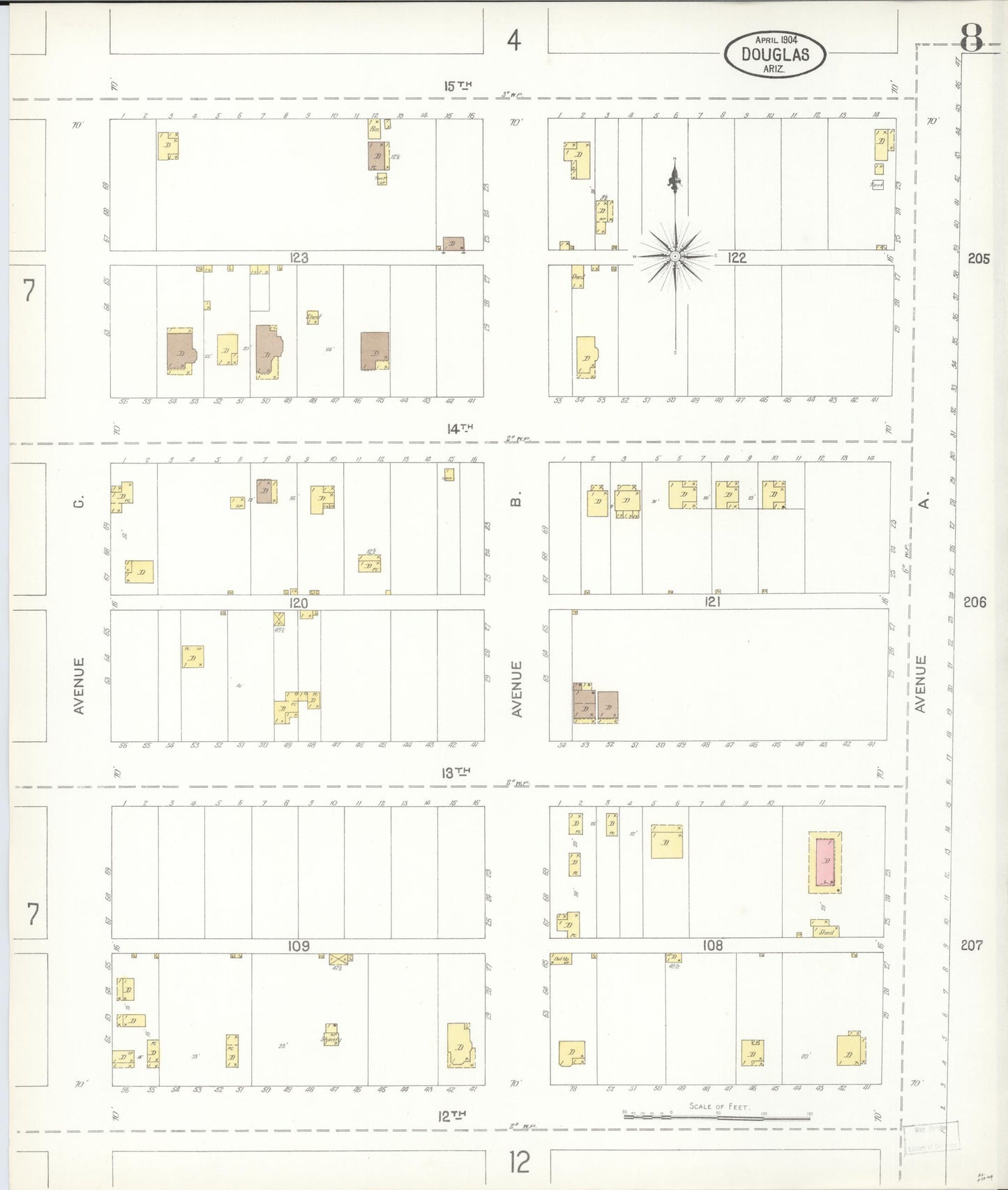 Sanborn Fire Insurance Map from Douglas, Cochise County, Arizona (1904), Sheet #0008 - Complete Map Set gallery image, historic Sanborn map, vintage wall art, Arizona Arizona