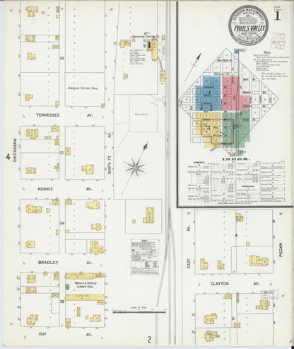 Sanborn Fire Insurance Map from Pauls Valley, Garvin County, Oklahoma (1902), Sheet #0001 - Complete Map Set gallery image, historic Sanborn map, vintage wall art, Oklahoma Oklahoma