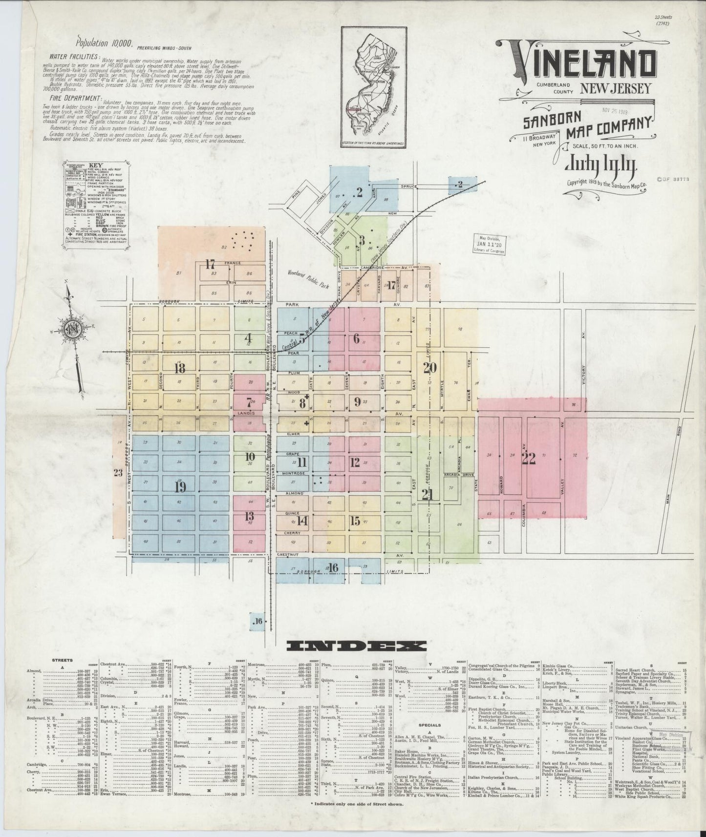 Sanborn Fire Insurance Map from Vineland, Cumberland County, New Jersey. (1919) – Historic Sanborn Fire Insurance Map Print