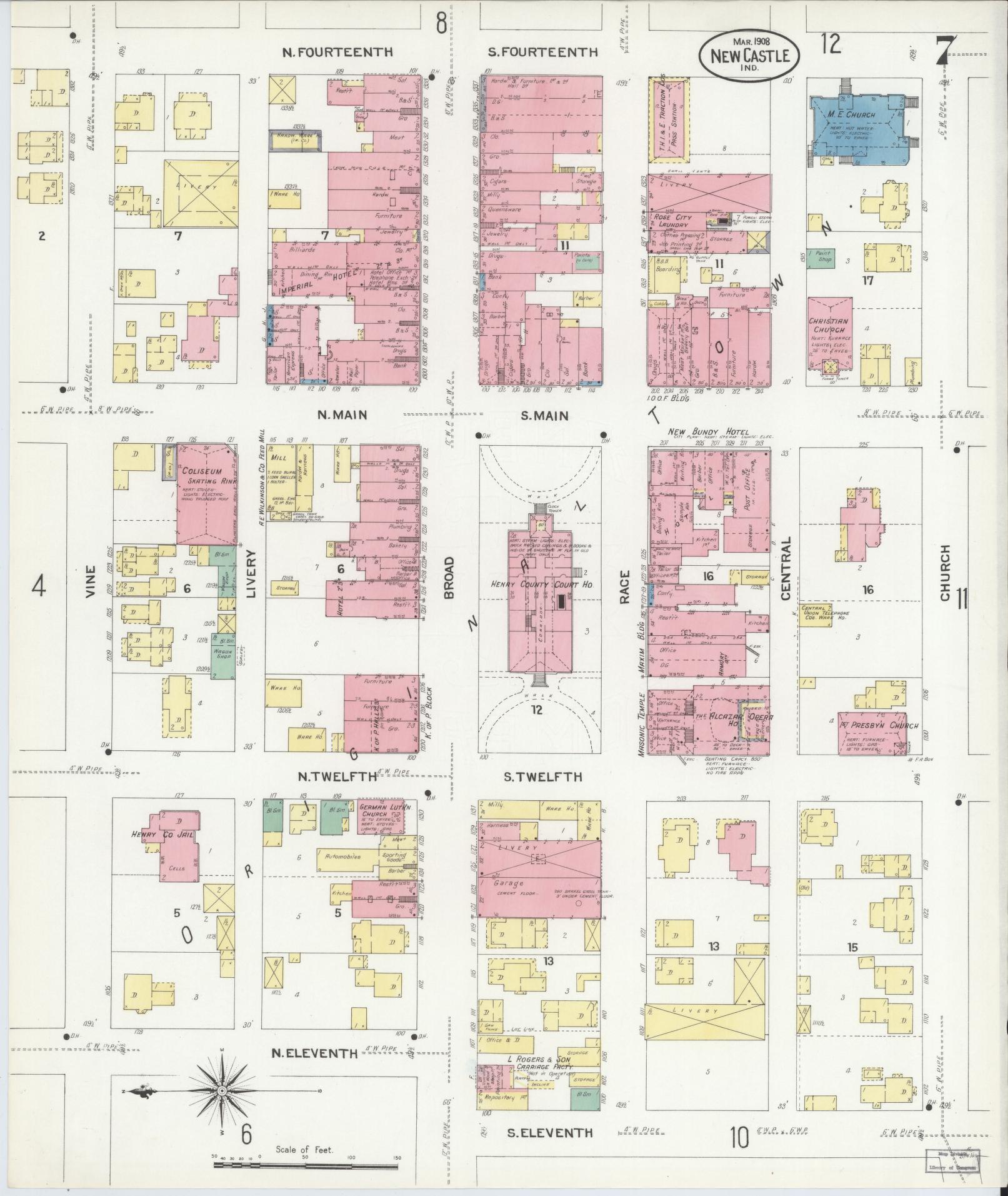 Sanborn Fire Insurance Map from New Castle, Henry County, Indiana (1908), Sheet #0007 - Historic Sanborn Fire Insurance Map Print, vintage old map wall art, antique decor, genealogy gift, Indiana Indiana map