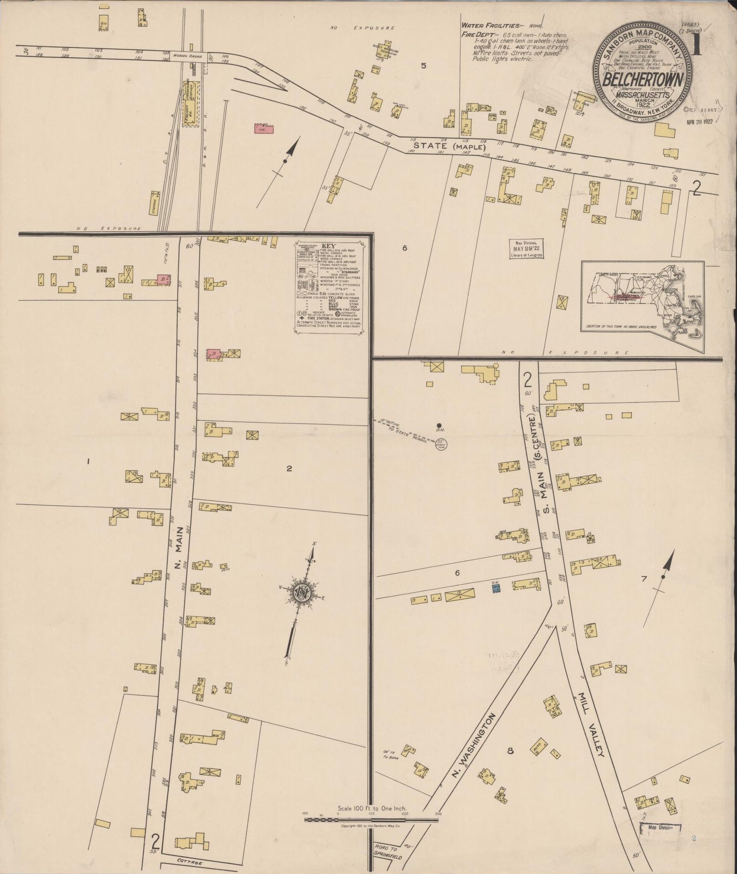 Sanborn Fire Insurance Map from Belchertown, Hampshire County, Massachusetts (1922), Sheet #0001 - Complete Map Set gallery image, historic Sanborn map, vintage wall art, Massachusetts Massachusetts