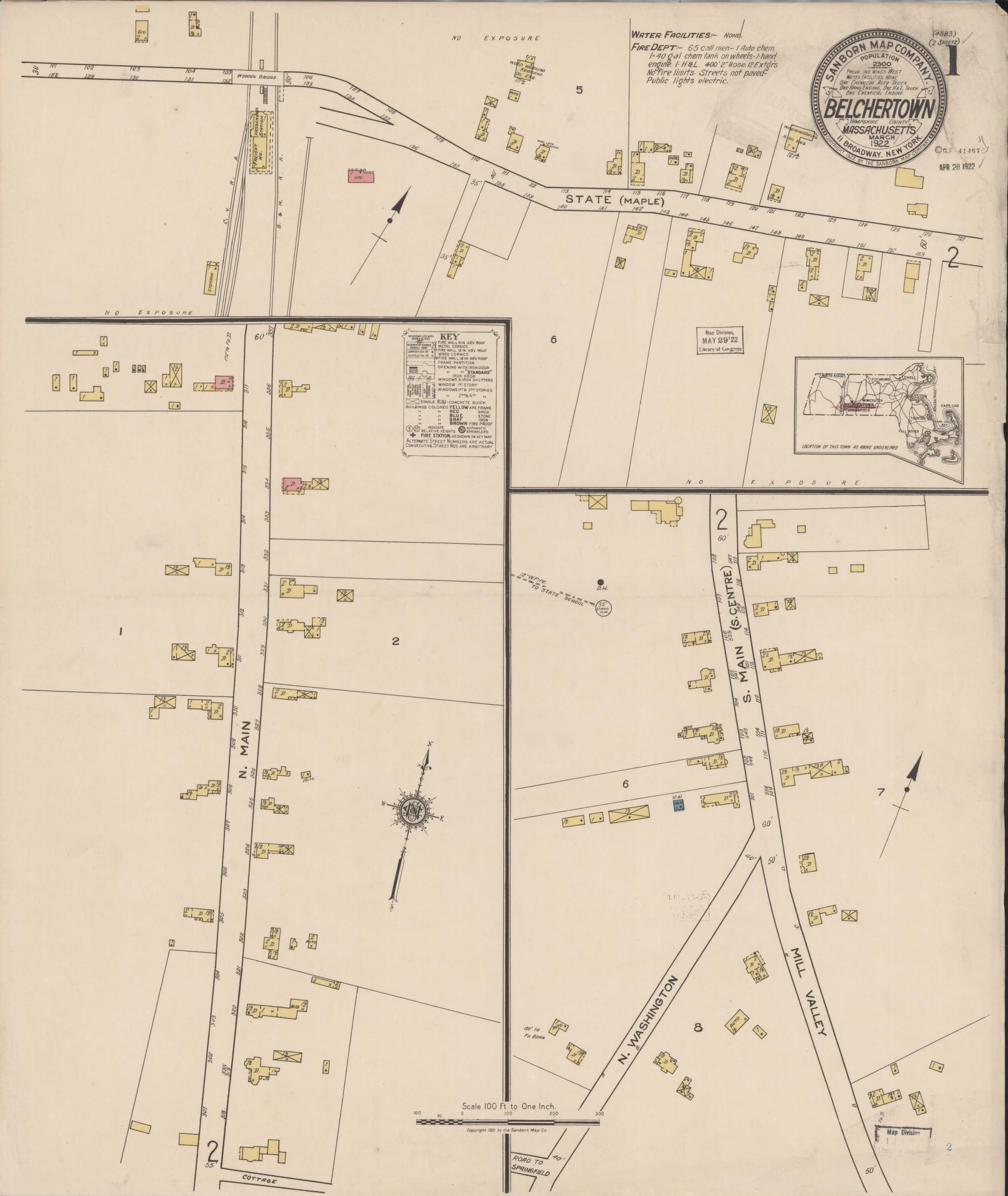 Sanborn Fire Insurance Map from Belchertown, Hampshire County, Massachusetts (1922), Sheet #0001 - Complete Map Set gallery image, historic Sanborn map, vintage wall art, Massachusetts Massachusetts