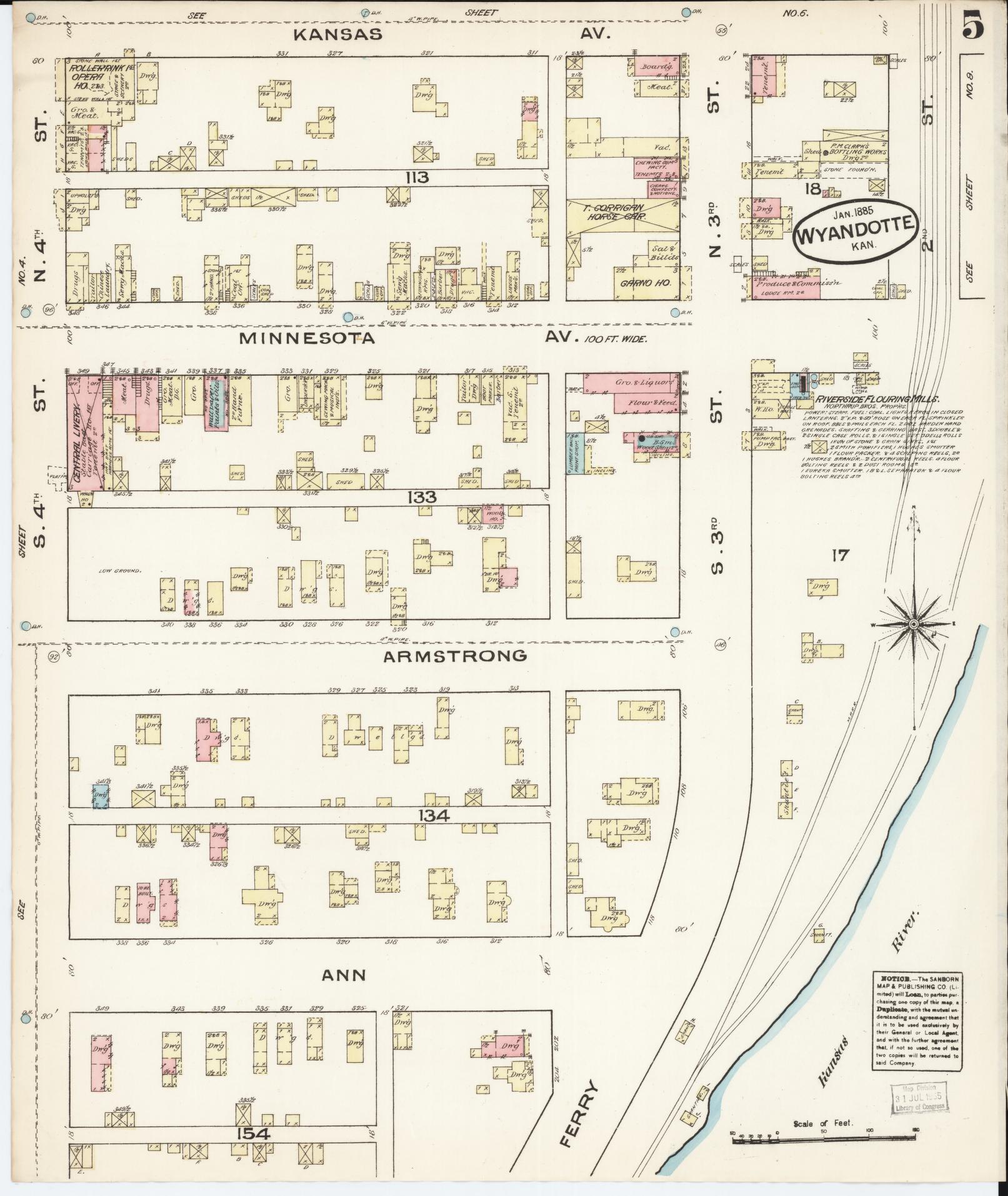 Sanborn Fire Insurance Map from Wyandotte, Wyandotte County, Kansas (1885), Sheet #0005 - Complete Map Set gallery image, historic Sanborn map, vintage wall art, Kansas Kansas