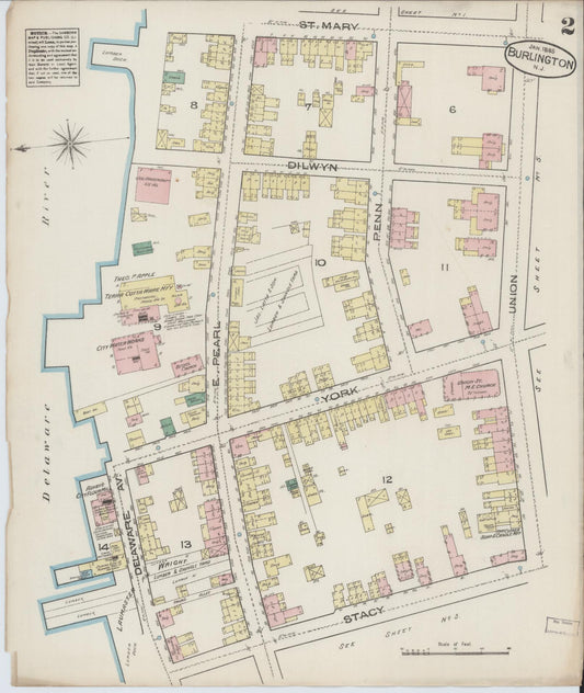 Sanborn Fire Insurance Map from Burlington, Burlington County, New Jersey (1885), Sheet #0002 - Historic Sanborn Fire Insurance Map Print, vintage old map wall art, antique decor, genealogy gift, New Jersey New Jersey map