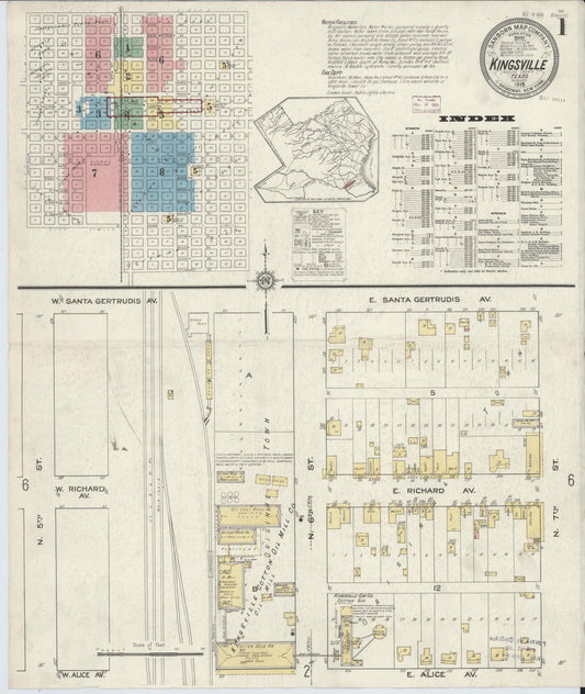 Sanborn Fire Insurance Map from Kingsville, Kleberg County, Texas (1915), Sheet #0001 - Historic Sanborn Fire Insurance Map Print, vintage old map wall art, antique decor, genealogy gift, Texas Texas map