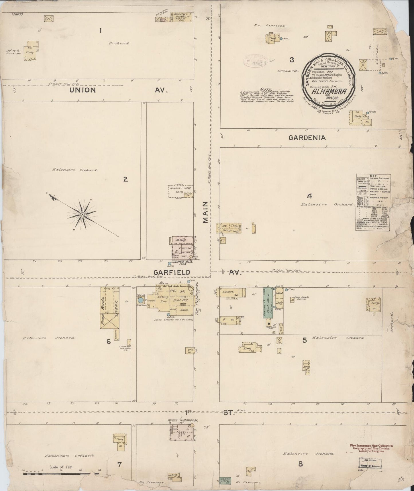 Sanborn Fire Insurance Map from Alhambra, Los Angeles County, California (1888), Sheet #0001 - Historic Sanborn Fire Insurance Map Print, vintage old map wall art, antique decor, genealogy gift, California California map