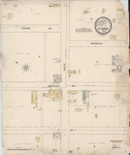 Sanborn Fire Insurance Map from Alhambra, Los Angeles County, California (1888), Sheet #0001 - Historic Sanborn Fire Insurance Map Print, vintage old map wall art, antique decor, genealogy gift, California California map