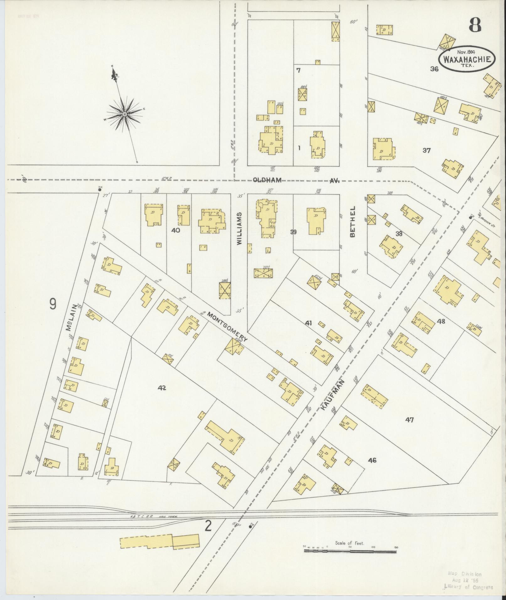 Sanborn Fire Insurance Map from Waxahachie, Ellis County, Texas (1904), Sheet #0008 - Historic Sanborn Fire Insurance Map Print, vintage old map wall art, antique decor, genealogy gift, Texas Texas map