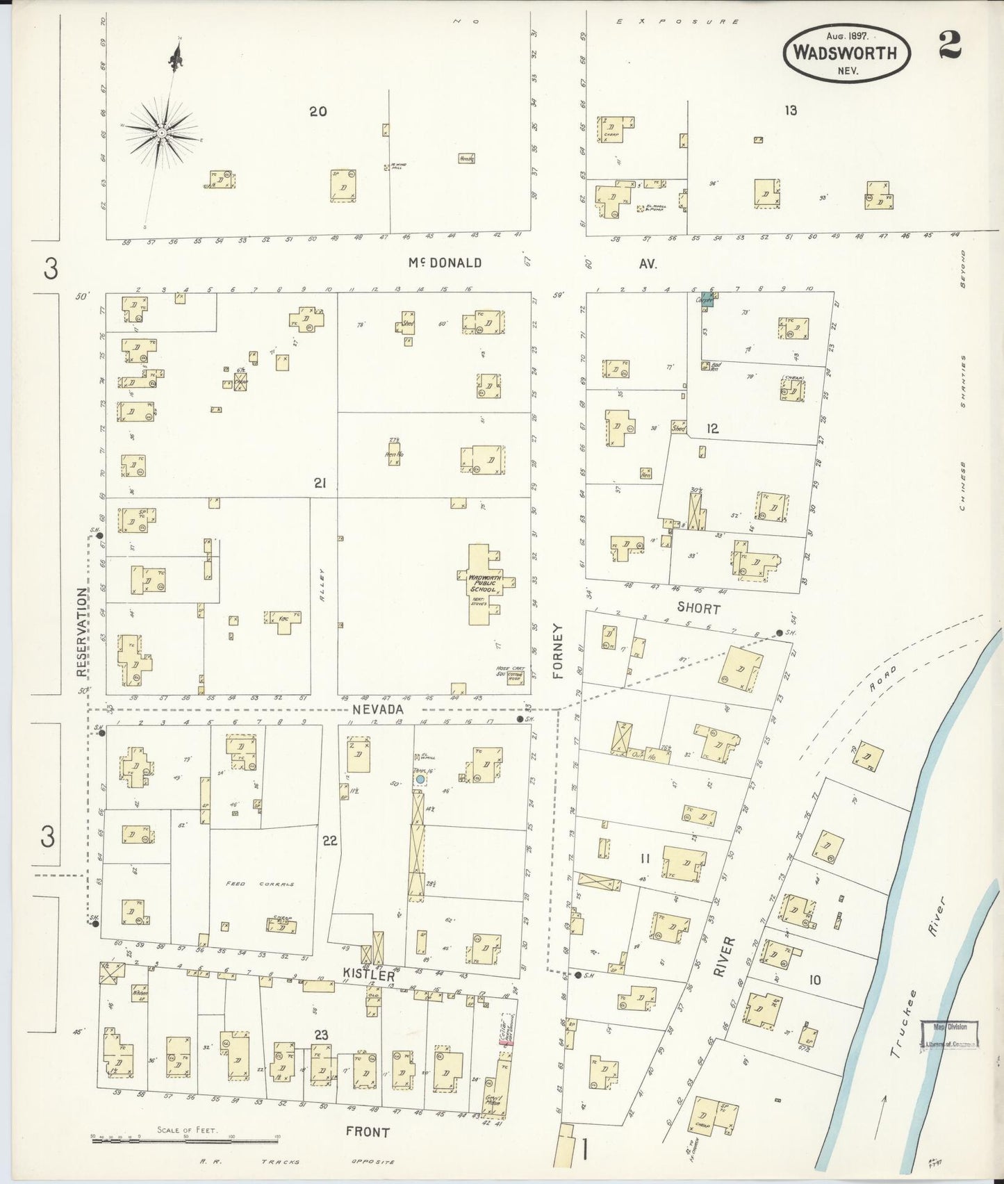 Sanborn Fire Insurance Map from Wadsworth, Washoe County, Nevada (1897), Sheet #0002 - Complete Map Set gallery image, historic Sanborn map, vintage wall art, Nevada Nevada