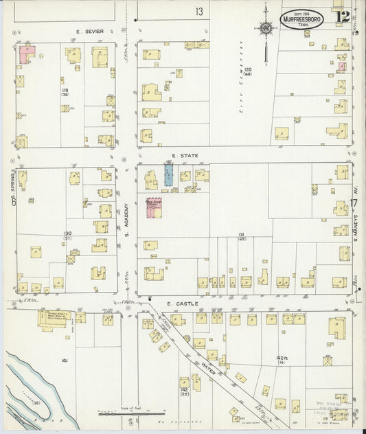 Sanborn Fire Insurance Map from Murfreesboro, Rutherford County, Tennessee (1914), Sheet #0012 - Historic Sanborn Fire Insurance Map Print, vintage old map wall art, antique decor, genealogy gift, Tennessee Tennessee map