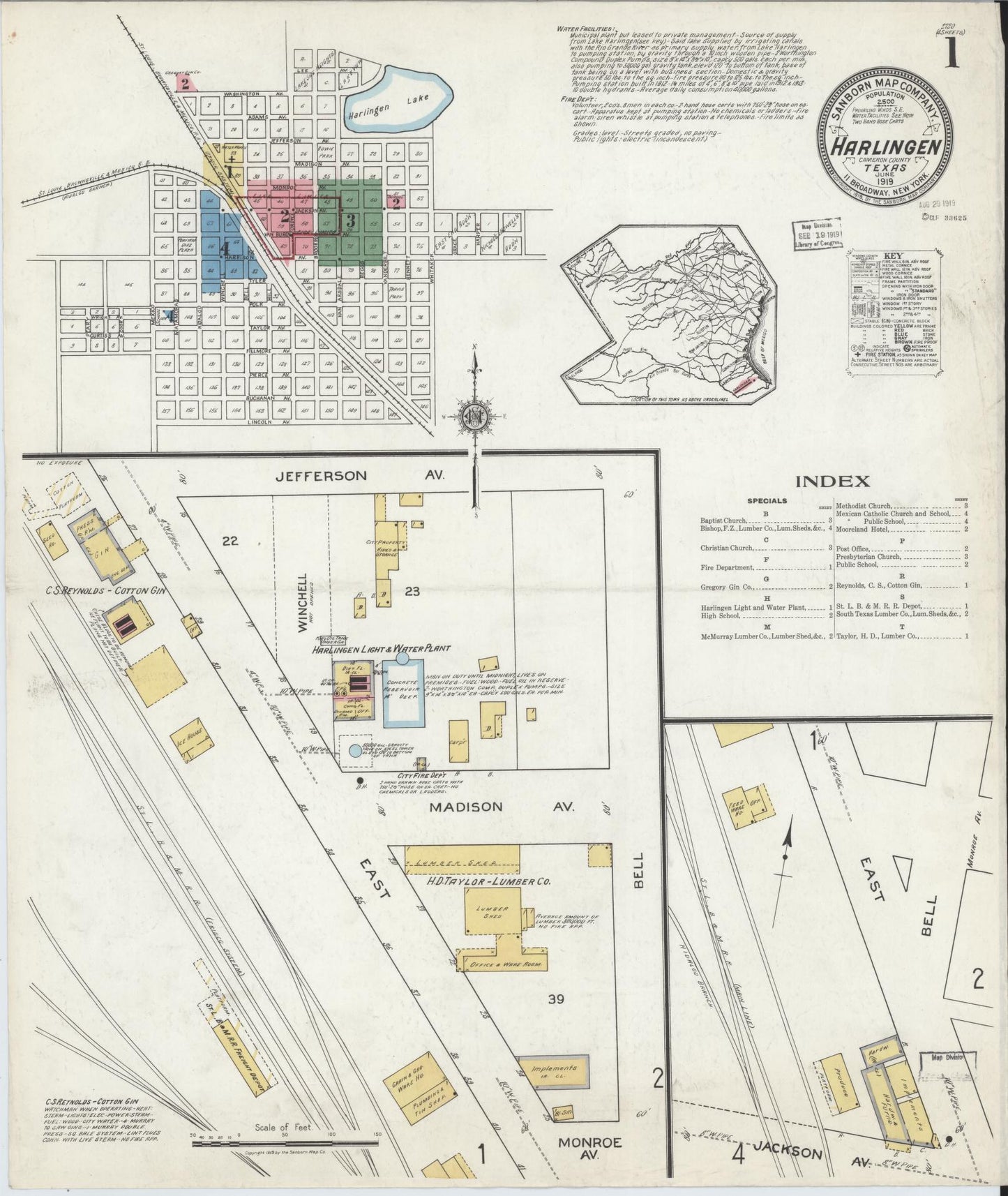 Sanborn Fire Insurance Map from Harlingen, Cameron County, Texas (1919), Sheet #0001 - Complete Map Set gallery image, historic Sanborn map, vintage wall art, Texas Texas