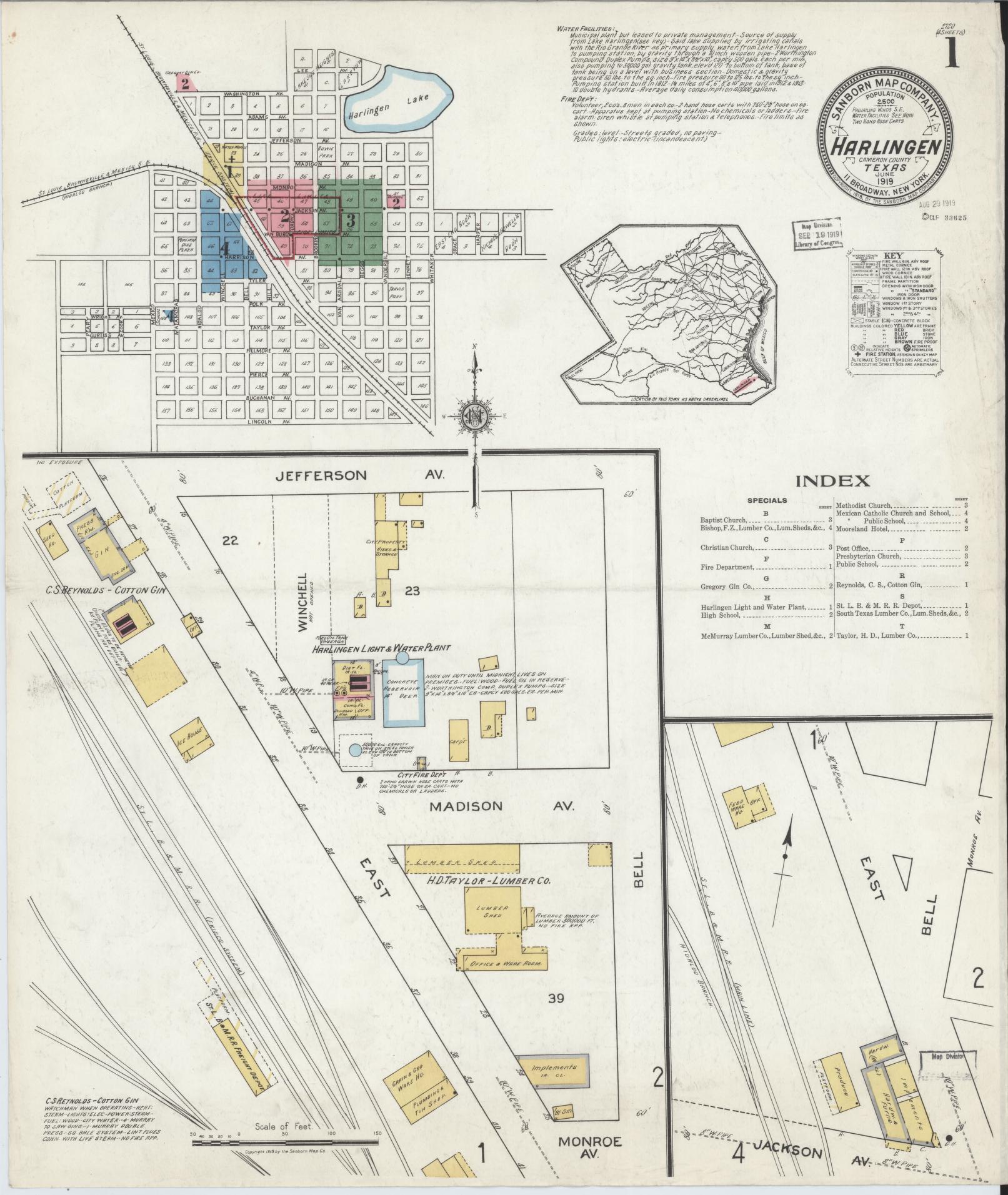 Sanborn Fire Insurance Map from Harlingen, Cameron County, Texas (1919), Sheet #0001 - Complete Map Set gallery image, historic Sanborn map, vintage wall art, Texas Texas