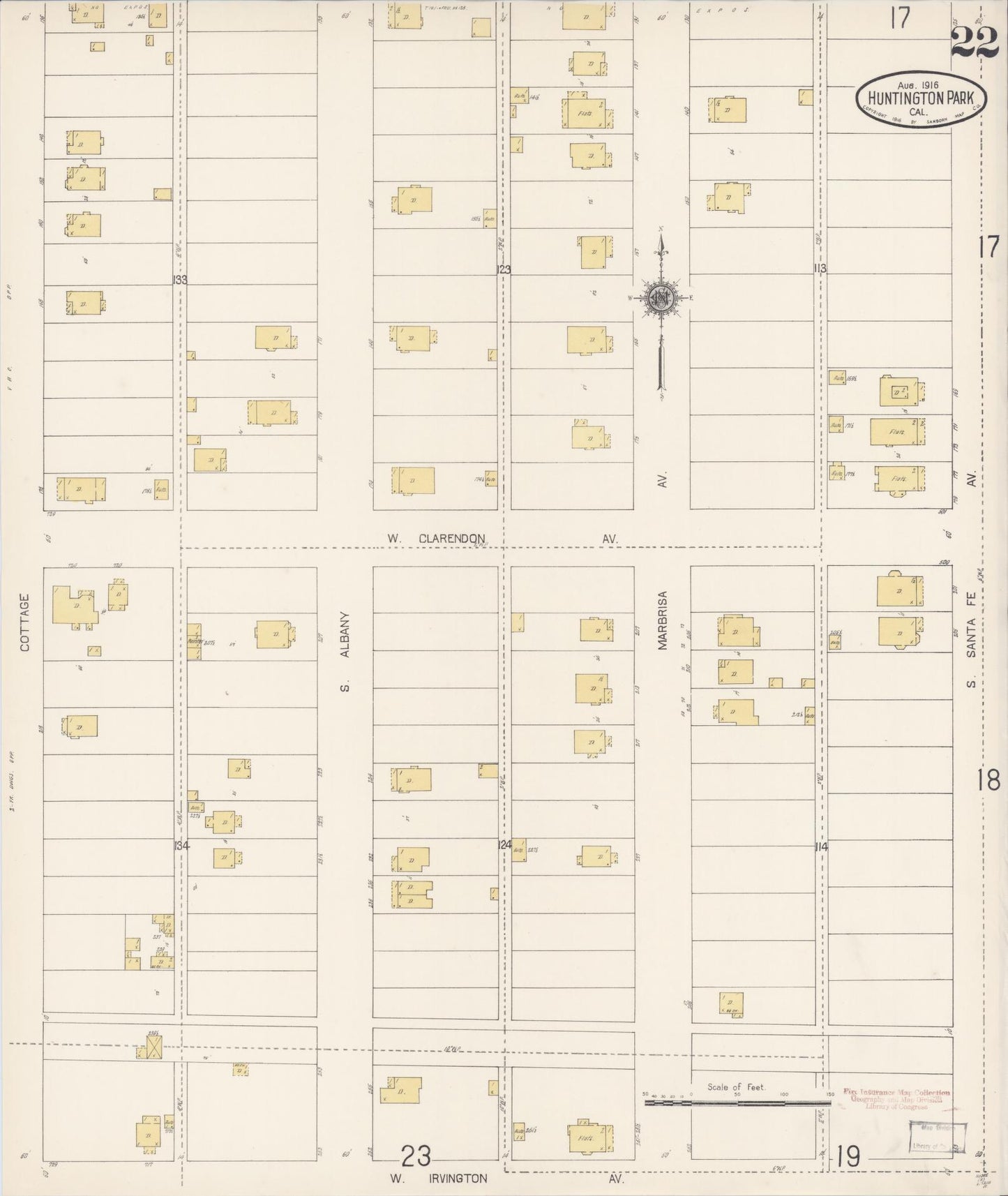 Sanborn Fire Insurance Map from Huntington Park, Los Angeles County, California (1916), Sheet #0022 - Historic Sanborn Fire Insurance Map Print, vintage old map wall art, antique decor, genealogy gift, California California map