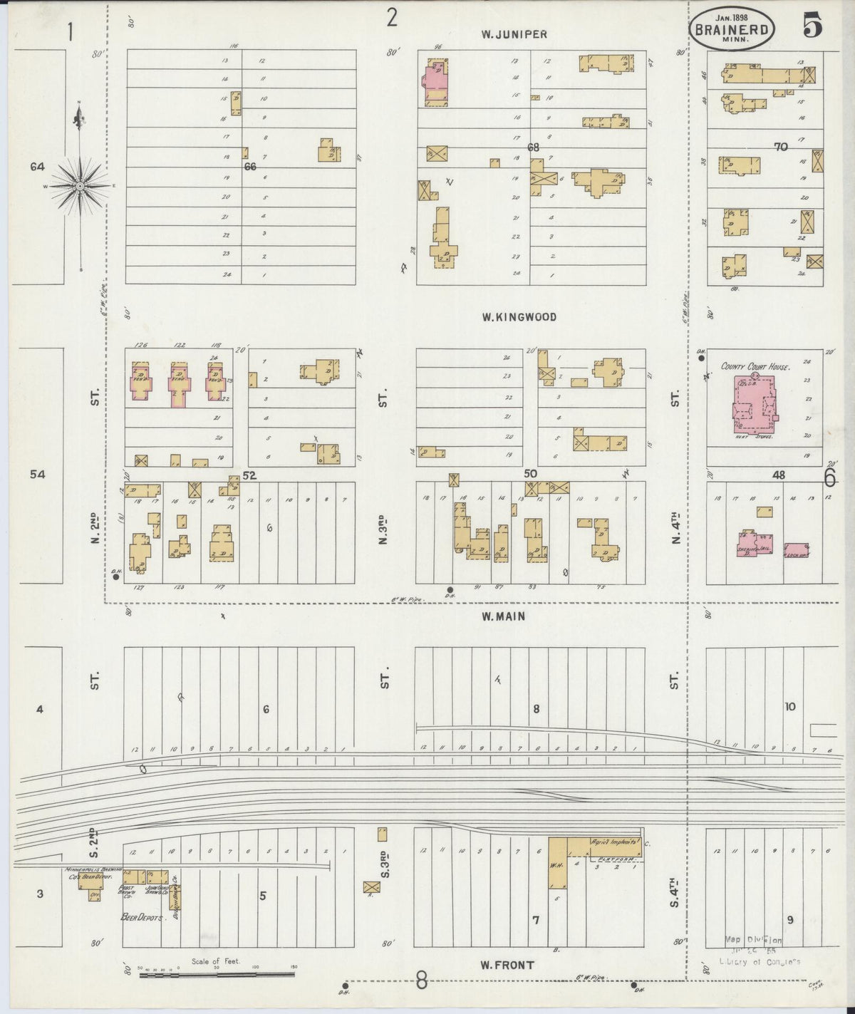 Sanborn Fire Insurance Map from Brainerd, Crow Wing County, Minnesota (1898), Sheet #0005 - Complete Map Set gallery image, historic Sanborn map, vintage wall art, Minnesota Minnesota
