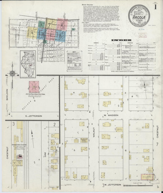 Sanborn Fire Insurance Map from Arcola, Douglas County, Illinois (1914), Sheet #0001 - Complete Map Set gallery image, historic Sanborn map, vintage wall art, Illinois Illinois