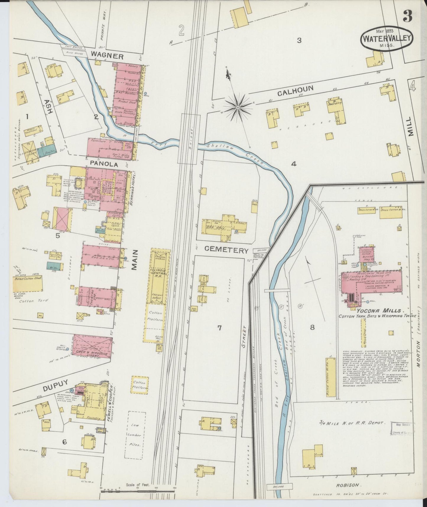 Sanborn Fire Insurance Map from Water Valley, Yalobusha County, Mississippi (1893), Sheet #0003 - Historic Sanborn Fire Insurance Map Print, vintage old map wall art, antique decor, genealogy gift, Mississippi Mississippi map