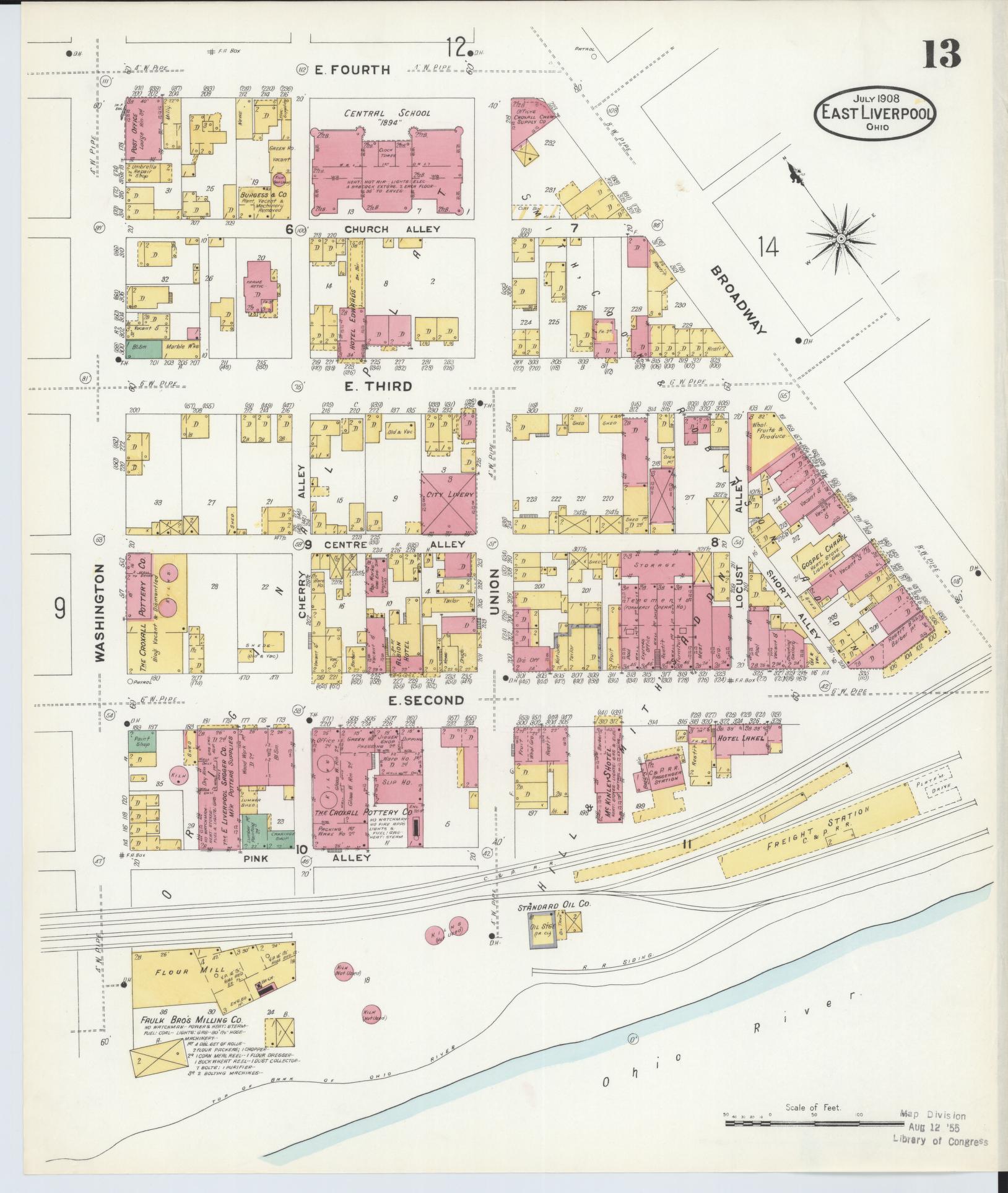 Sanborn Fire Insurance Map from East Liverpool, Columbiana County, Ohio (1908), Sheet #0013 - Historic Sanborn Fire Insurance Map Print, vintage old map wall art, antique decor, genealogy gift, Ohio Ohio map