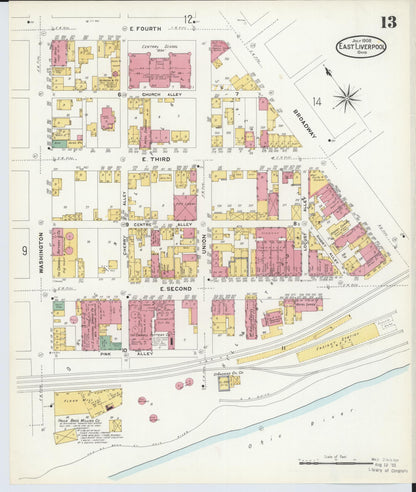 Sanborn Fire Insurance Map from East Liverpool, Columbiana County, Ohio (1908), Sheet #0013 - Historic Sanborn Fire Insurance Map Print, vintage old map wall art, antique decor, genealogy gift, Ohio Ohio map